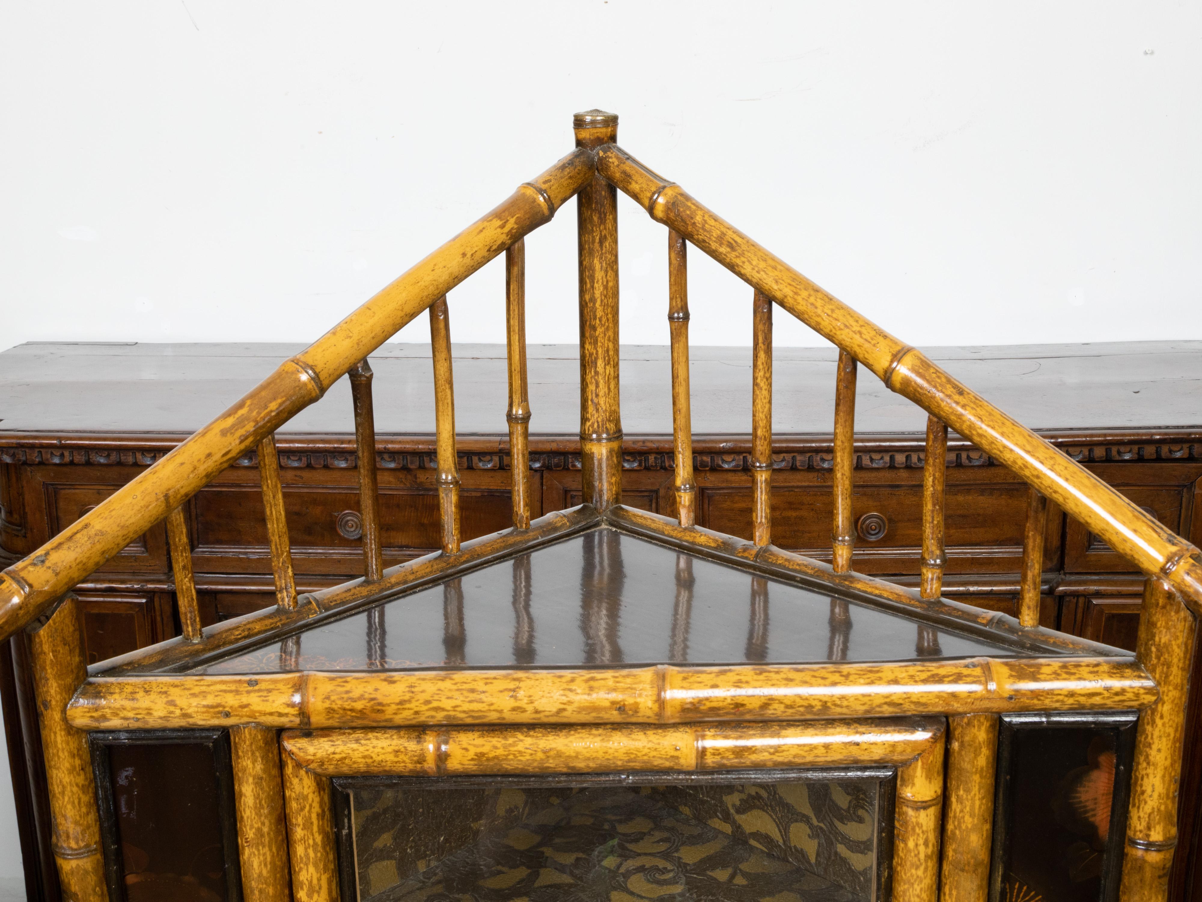 English 1900s Freestanding Bamboo Corner Display Shelf with Glass Door 8