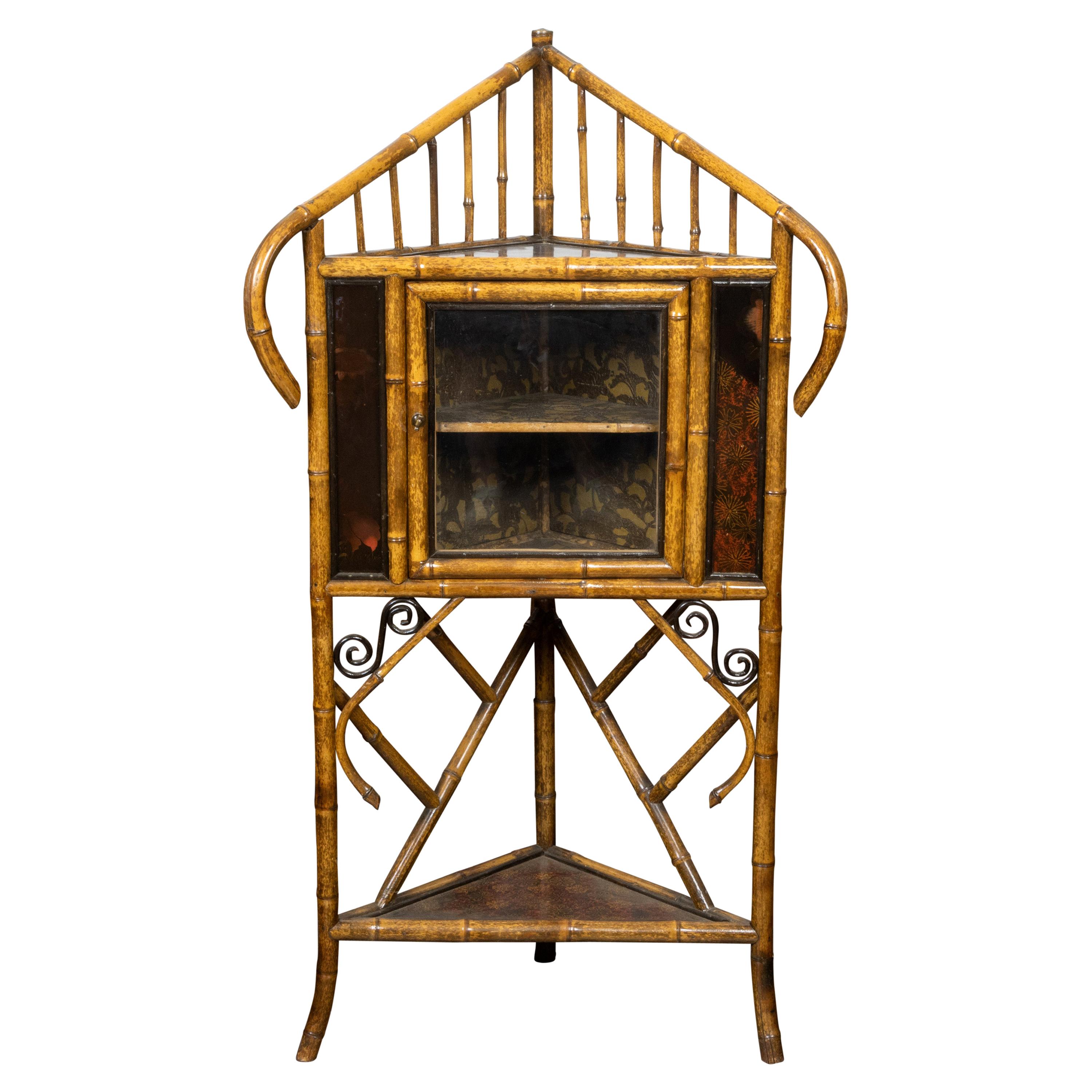 English 1900s Freestanding Bamboo Corner Display Shelf with Glass Door