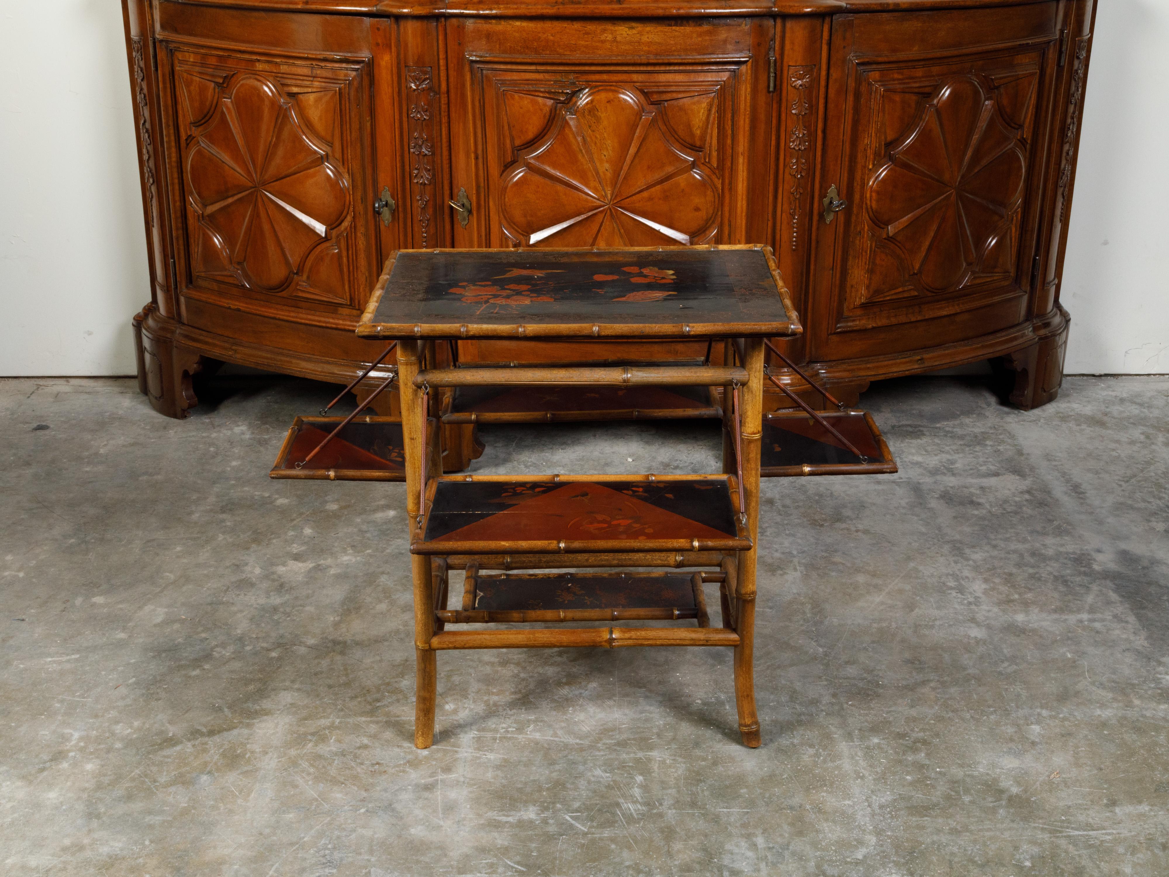 English 1900s Japonisme Side Table with Drop Leaves and Bamboo Structure 1
