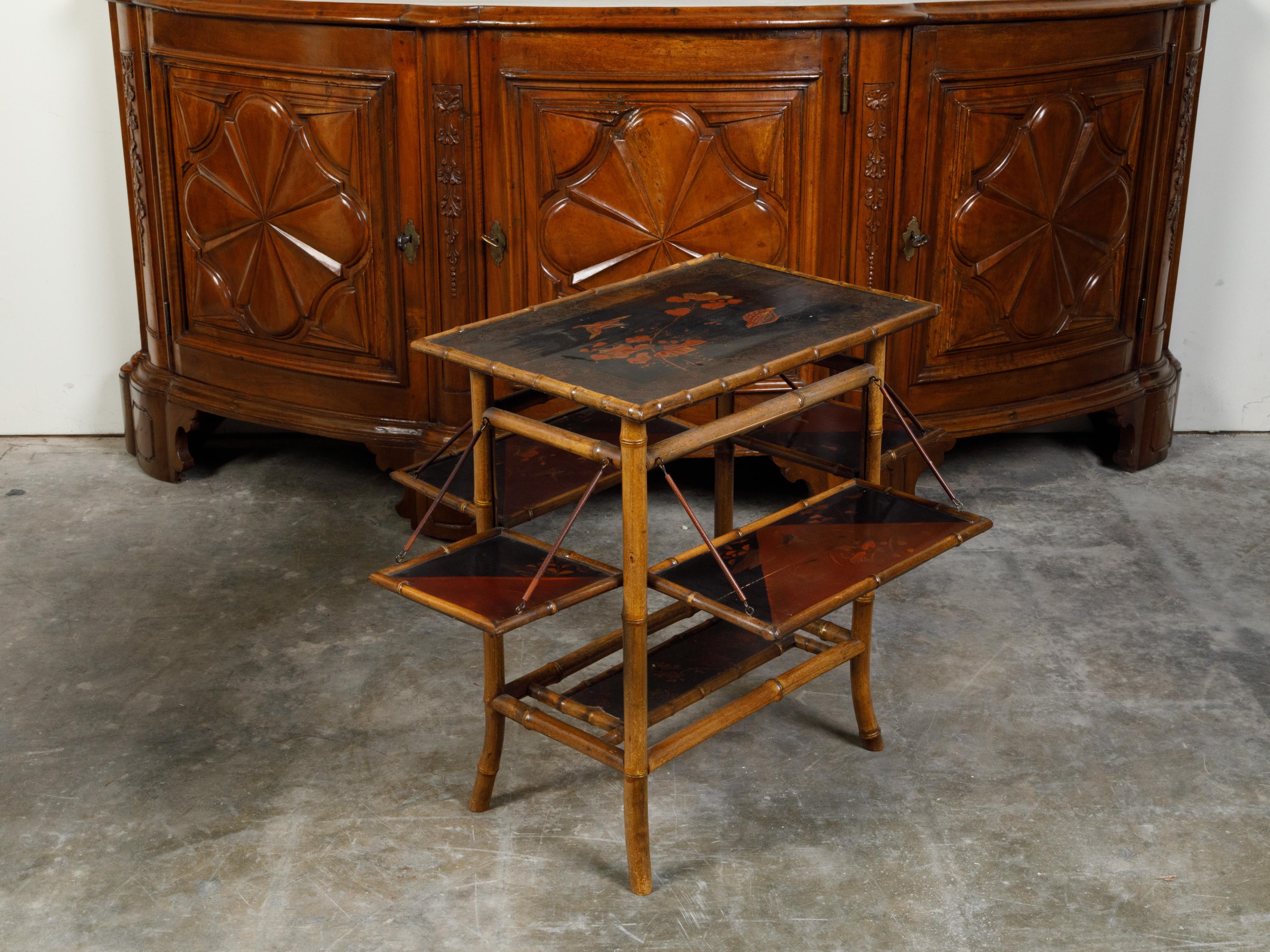 English 1900s Japonisme Side Table with Drop Leaves and Bamboo Structure 2