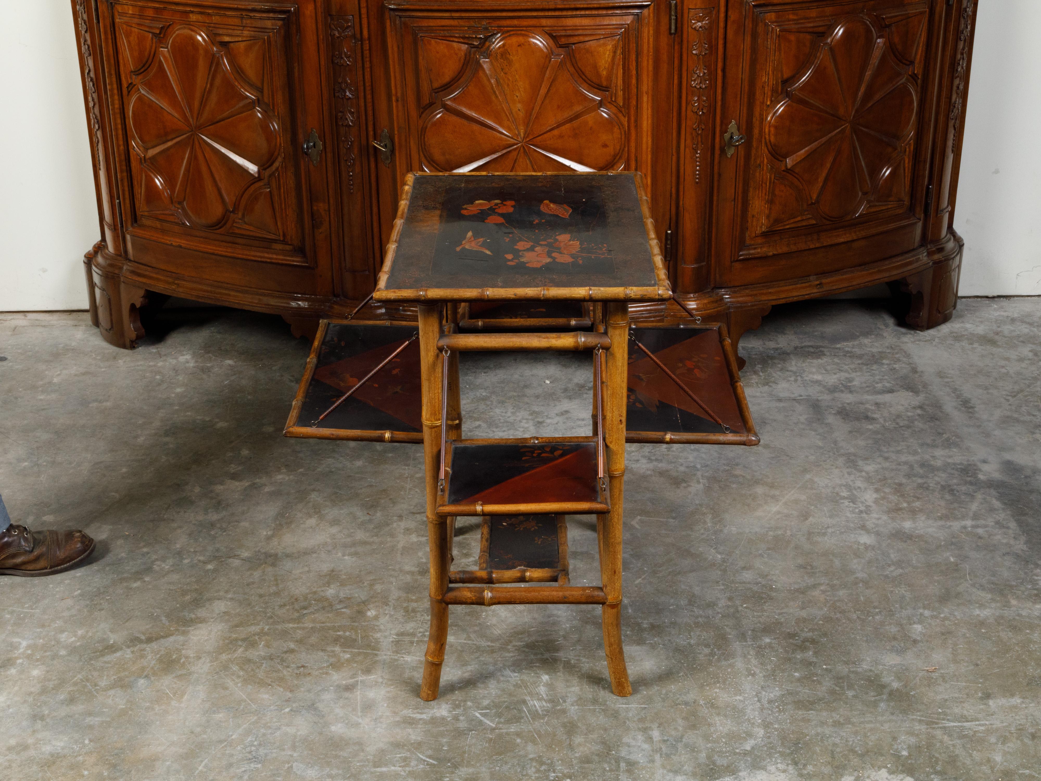 English 1900s Japonisme Side Table with Drop Leaves and Bamboo Structure 3