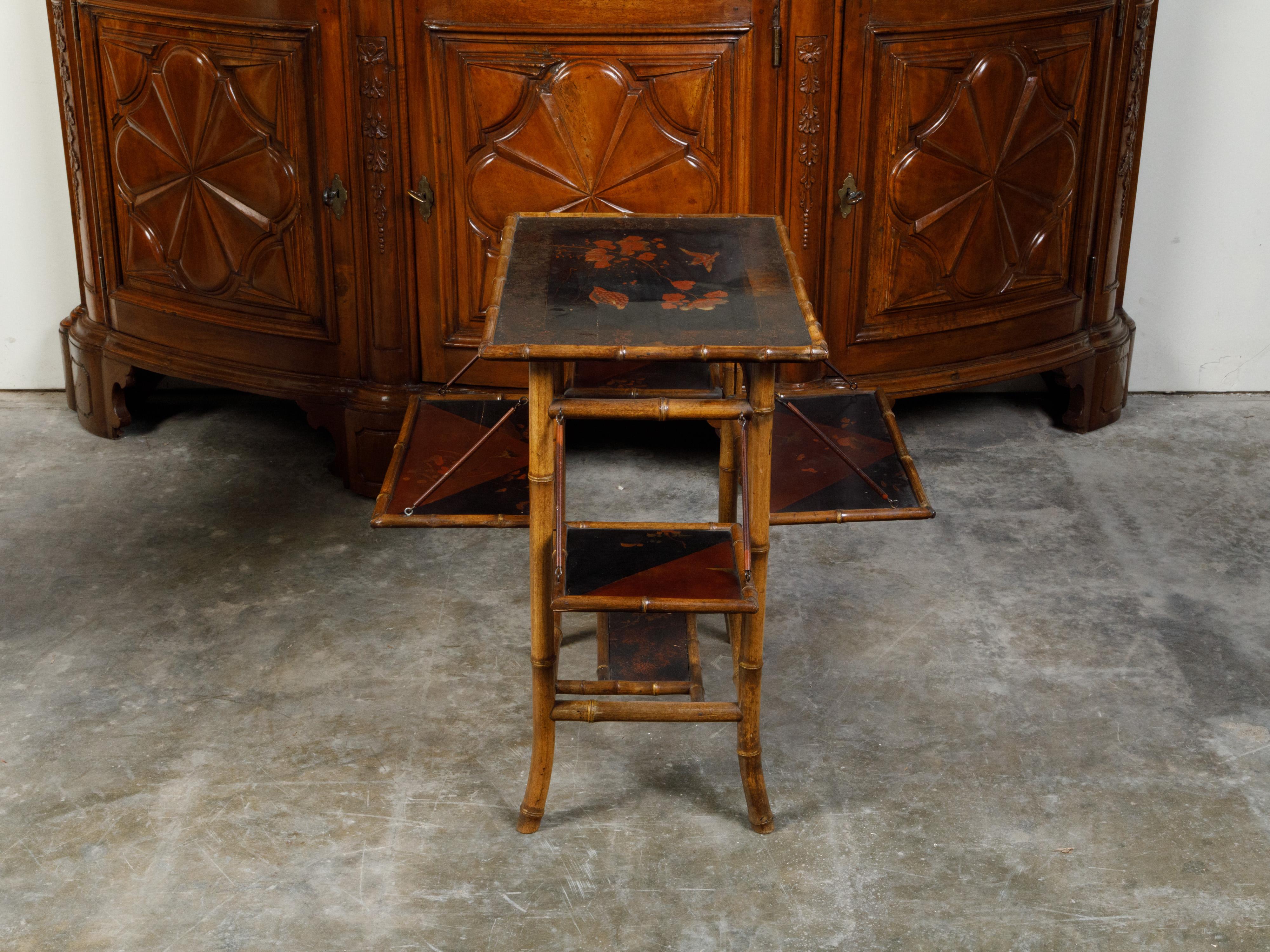 English 1900s Japonisme Side Table with Drop Leaves and Bamboo Structure 5