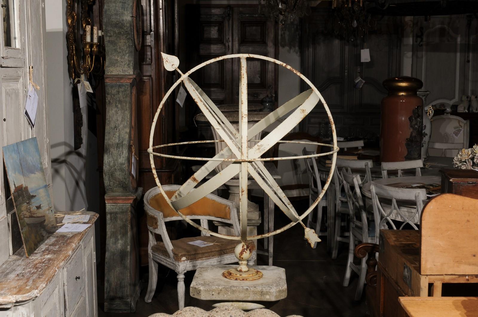 Carved English 1900s Metal Armillary Sphere on Ionic Style Stone Pedestal