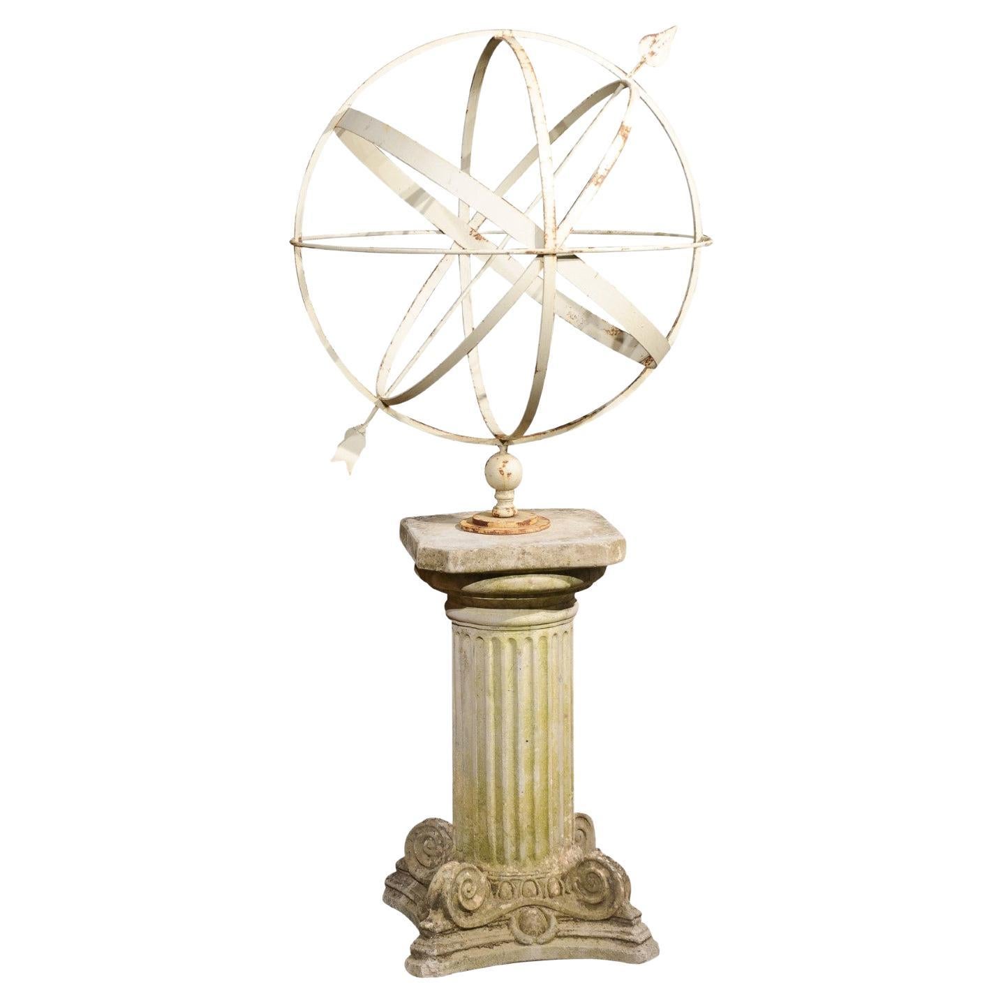 English 1900s Metal Armillary Sphere on Ionic Style Stone Pedestal For Sale  at 1stDibs