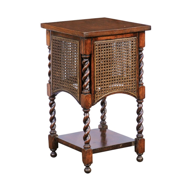 English 1900s Oak Barley Twist Side Table with Cane Sides and Lower
