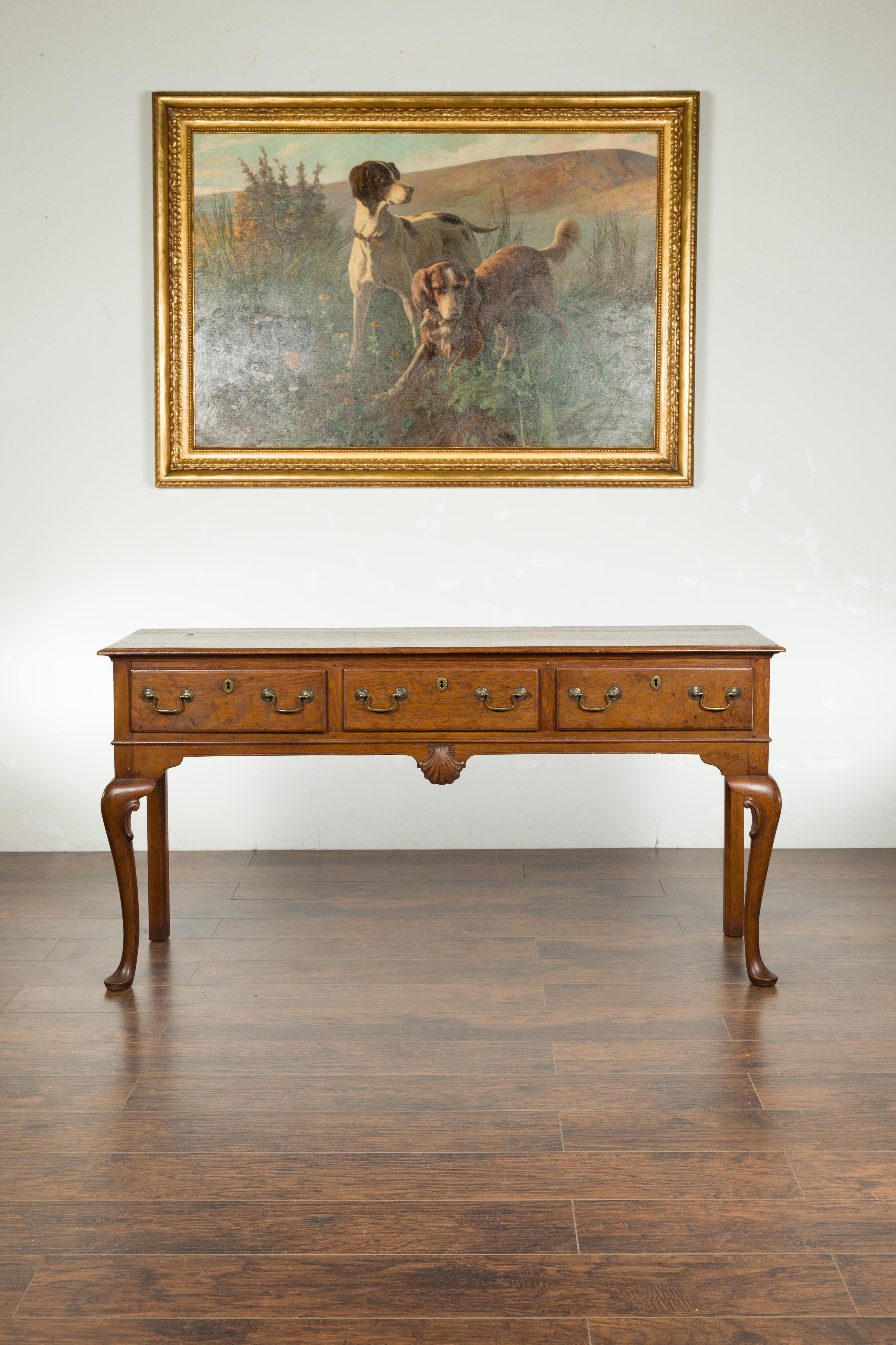 20th Century English 1900s Oak Dresser Base with Drawers, Cabrioles Legs and Carved Shell