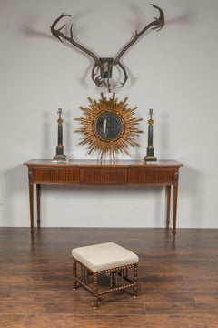 English 1900s Oak Footstool with Bobbin Legs, New Upholstery and Nailhead Trim