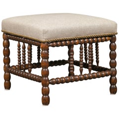 Antique English 1900s Oak Footstool with Bobbin Legs, New Upholstery and Nailhead Trim