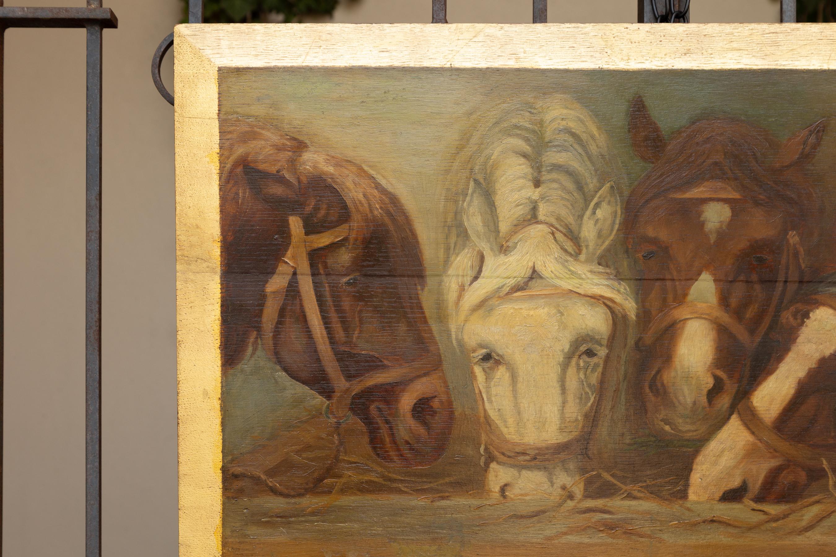 English 1900s Oil on Board Painting Depicting Horses Feeding from a Trough In Good Condition In Atlanta, GA