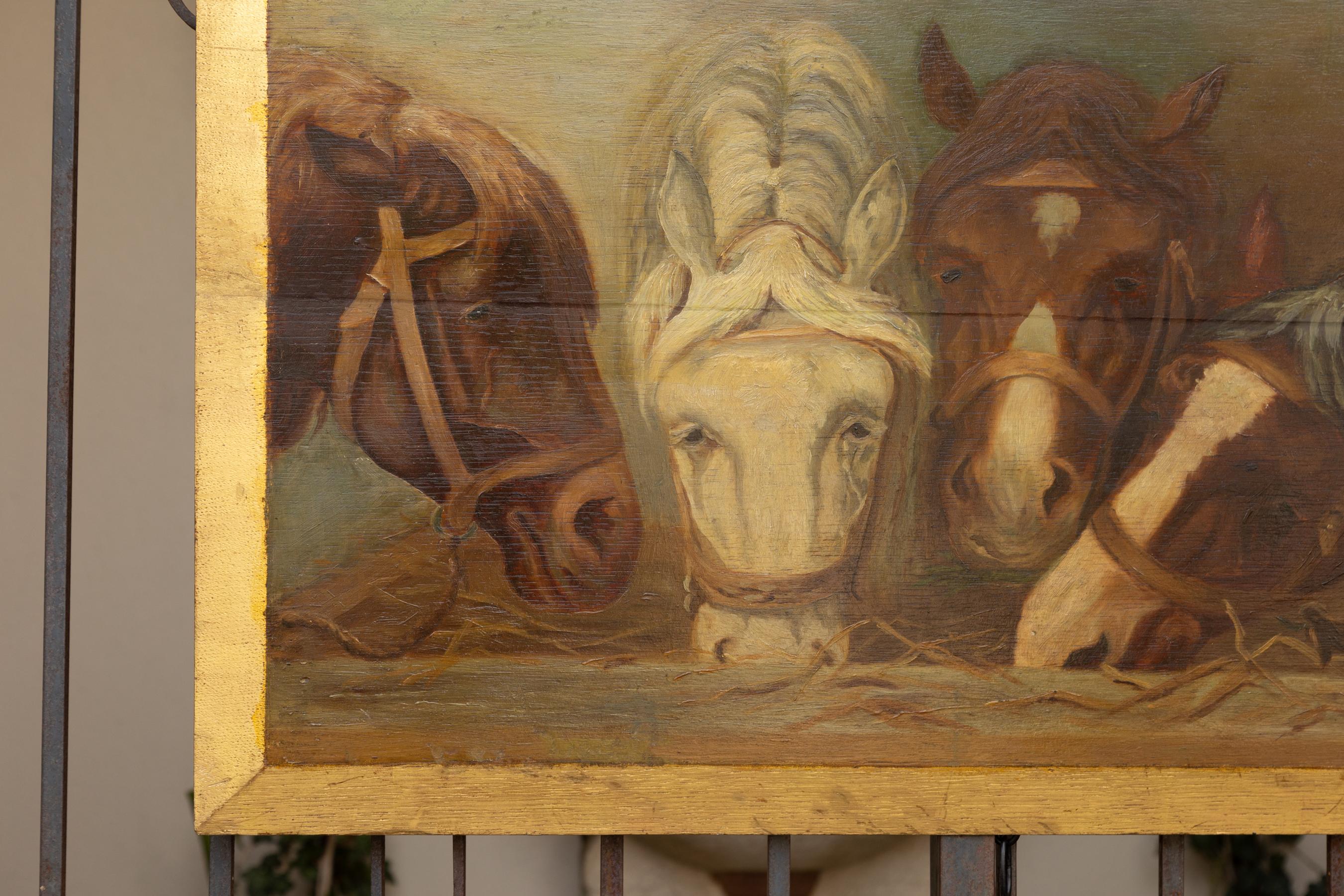 20th Century English 1900s Oil on Board Painting Depicting Horses Feeding from a Trough