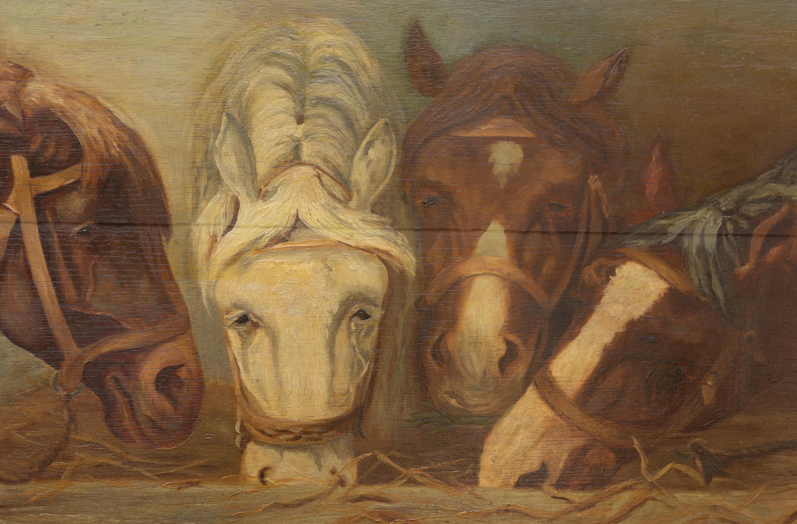 Wood English 1900s Oil on Board Painting Depicting Horses Feeding from a Trough