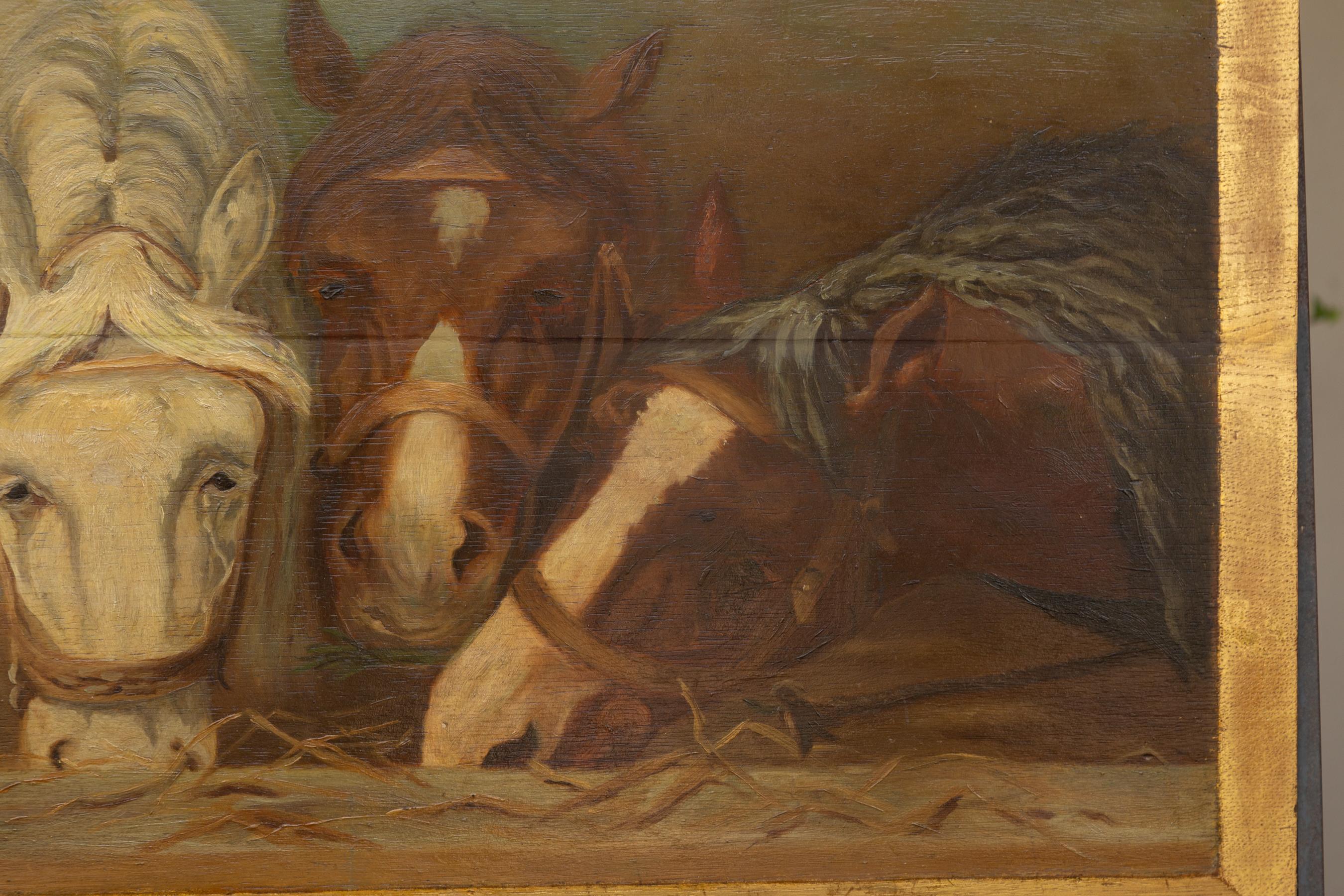 English 1900s Oil on Board Painting Depicting Horses Feeding from a Trough 1