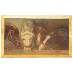 Antique English 1900s Oil on Board Painting Depicting Horses Feeding from a Trough