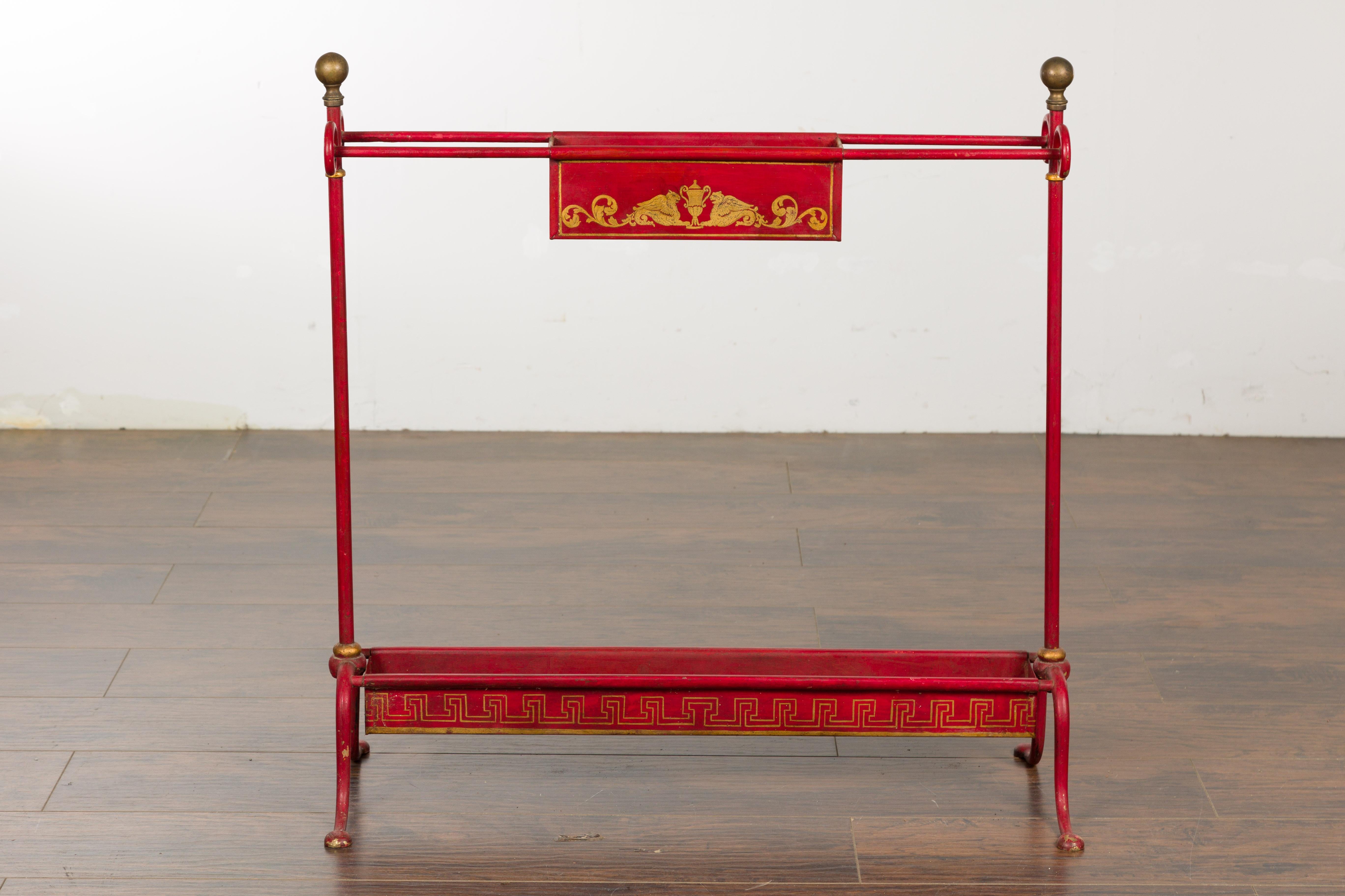 English 1900s Red Painted Tôle Umbrella Stand with Greek Key For Sale 5
