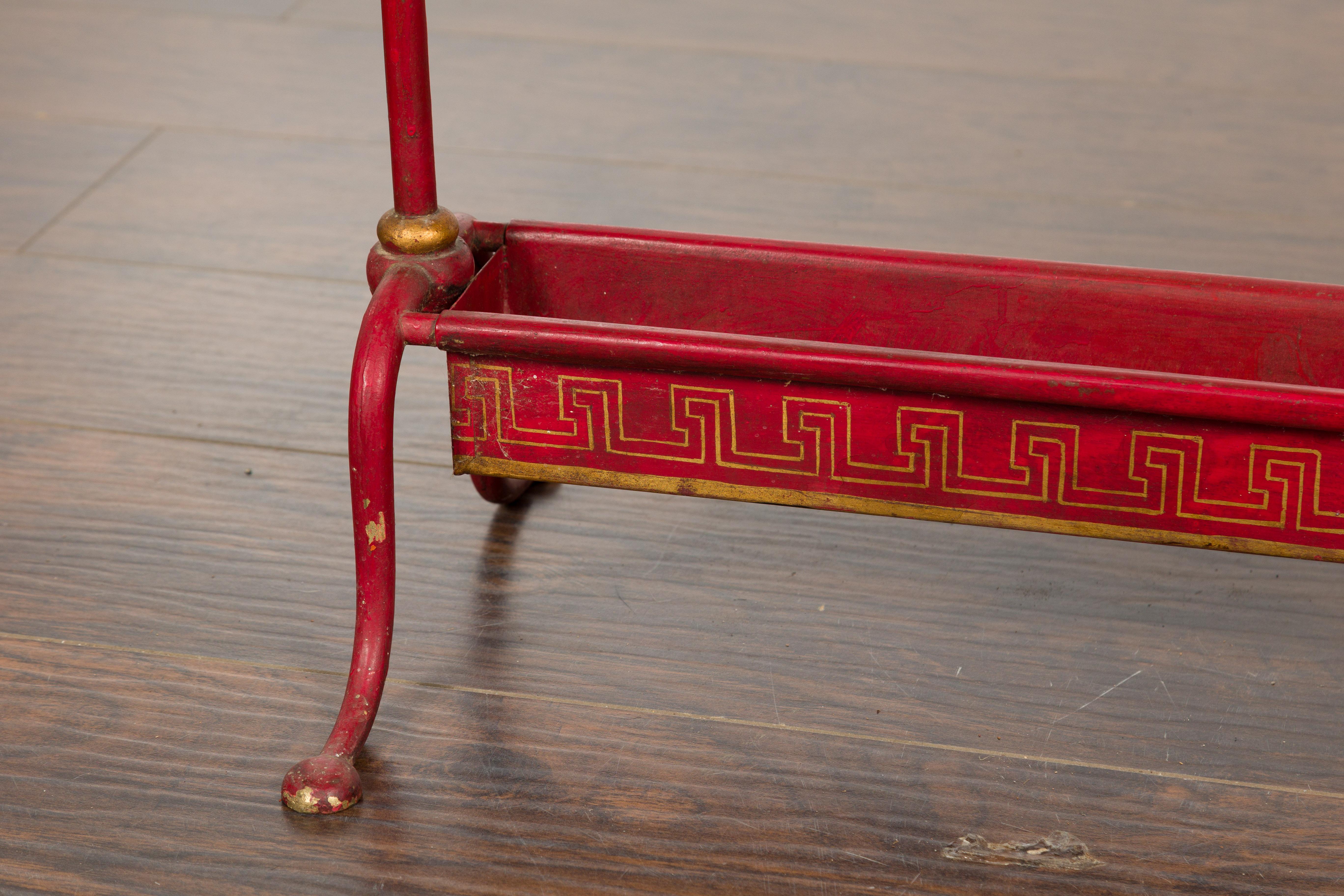 English 1900s Red Painted Tôle Umbrella Stand with Greek Key For Sale 6