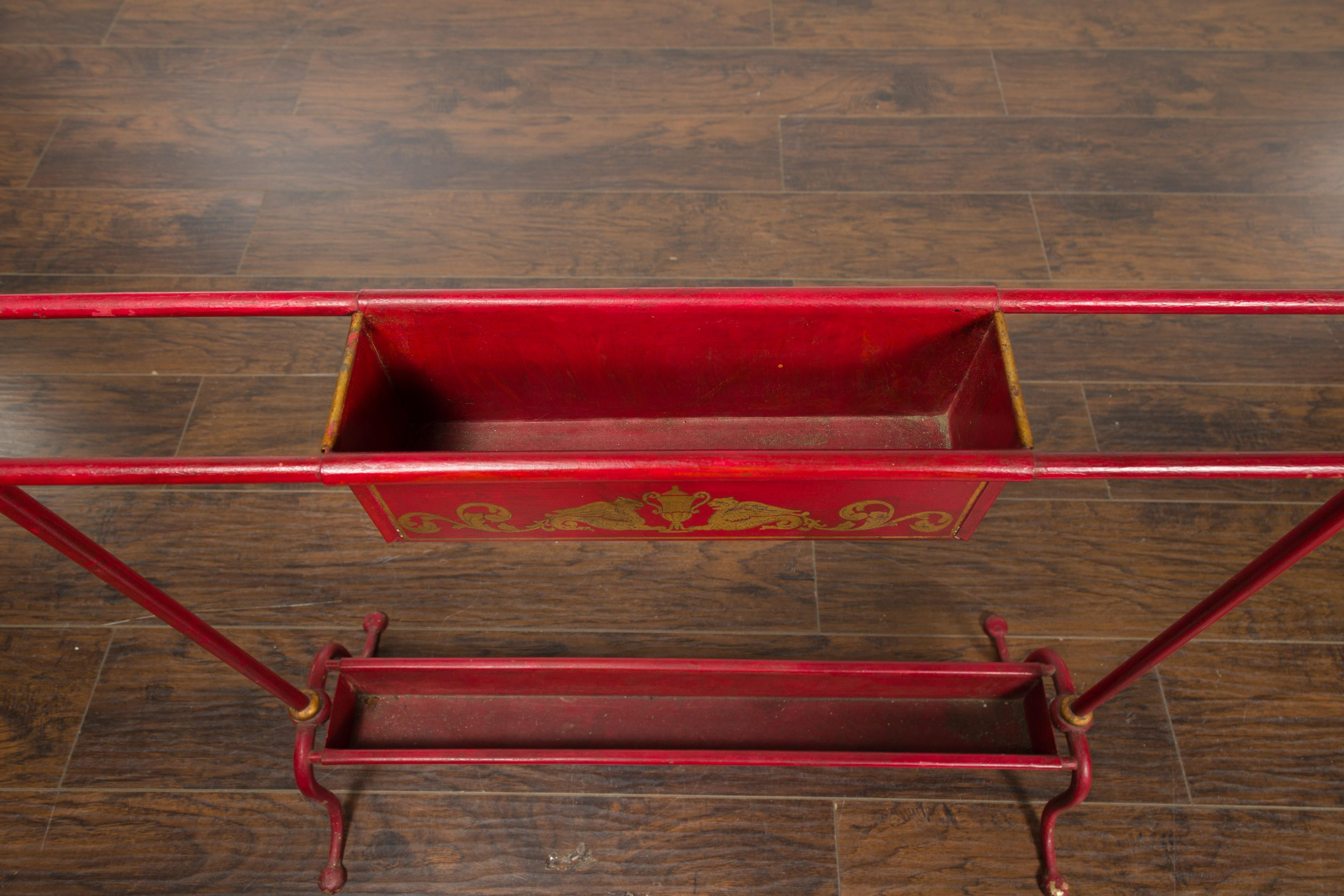 English 1900s Red Painted Tôle Umbrella Stand with Greek Key For Sale 9