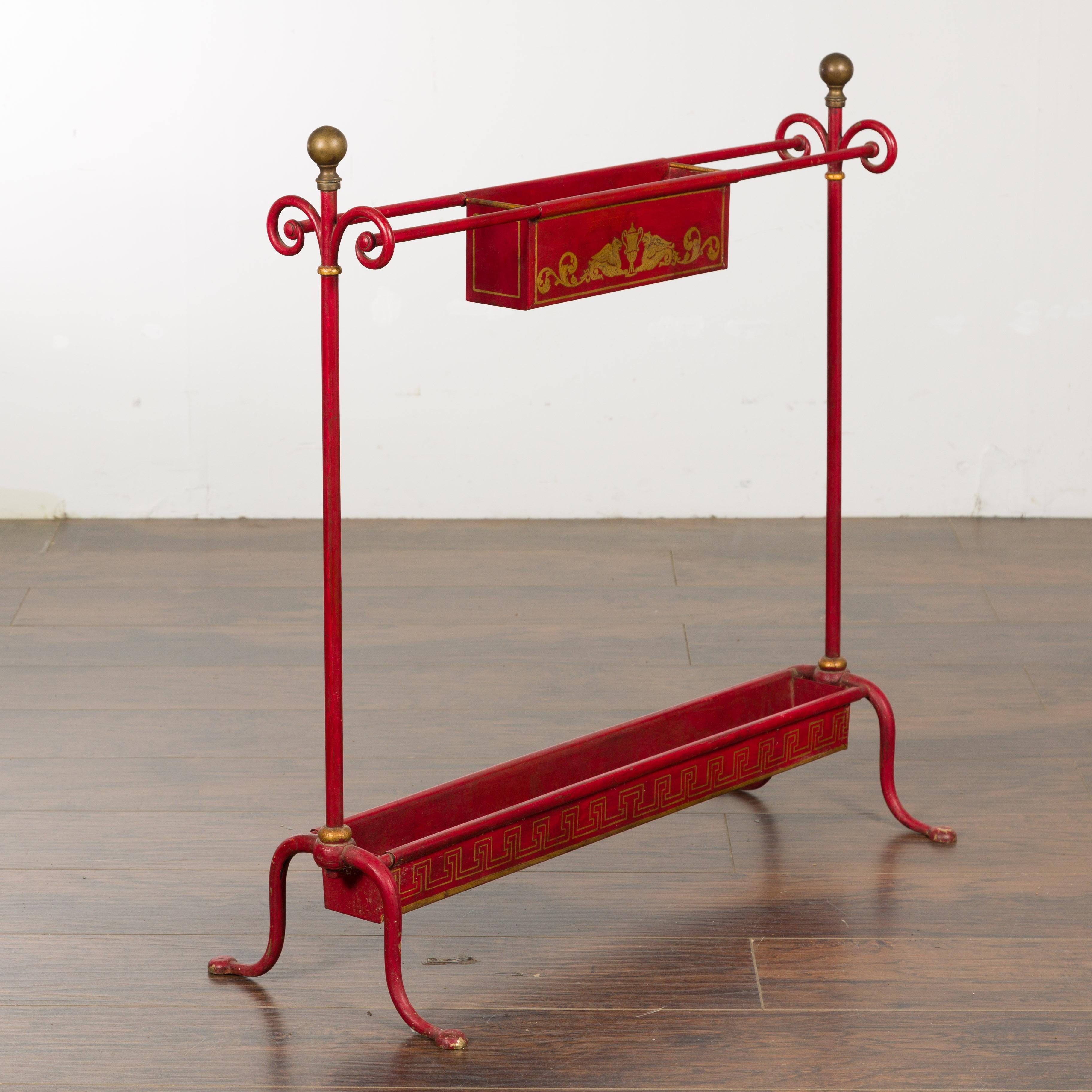 English 1900s Red Painted Tôle Umbrella Stand with Greek Key For Sale 10