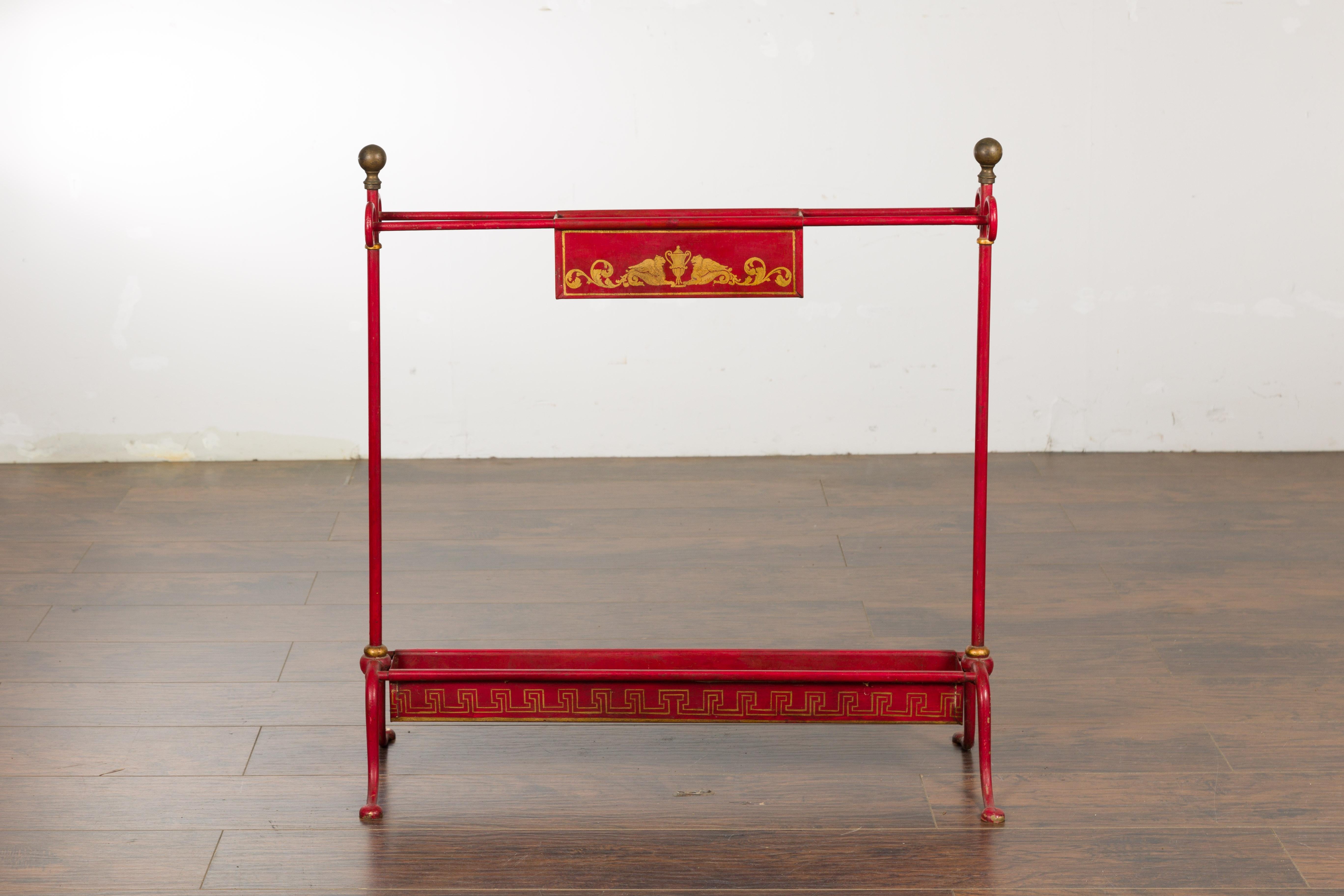 English 1900s Red Painted Tôle Umbrella Stand with Greek Key For Sale 13