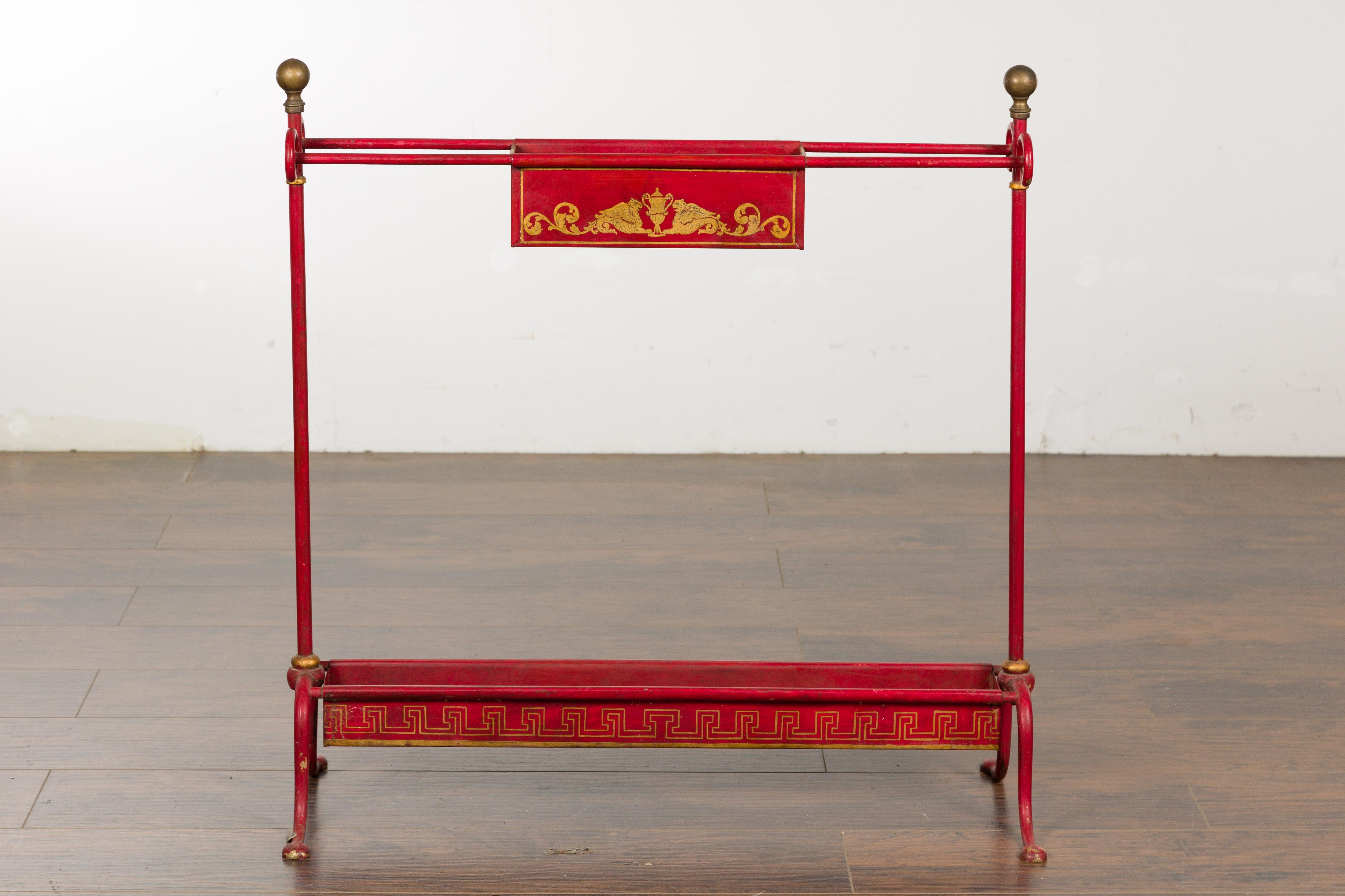 Gilt English 1900s Red Painted Tôle Umbrella Stand with Greek Key For Sale