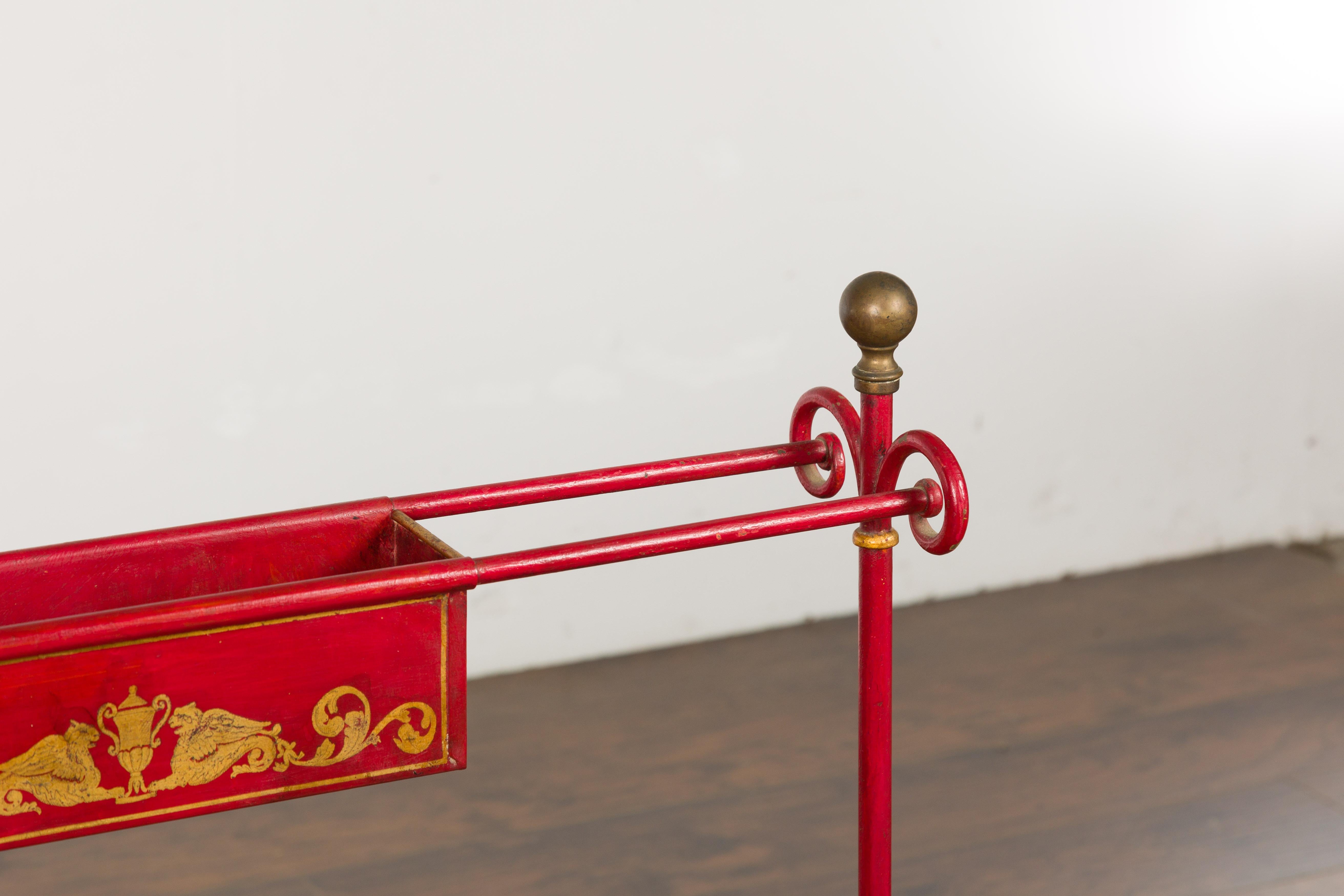 English 1900s Red Painted Tôle Umbrella Stand with Greek Key For Sale 3