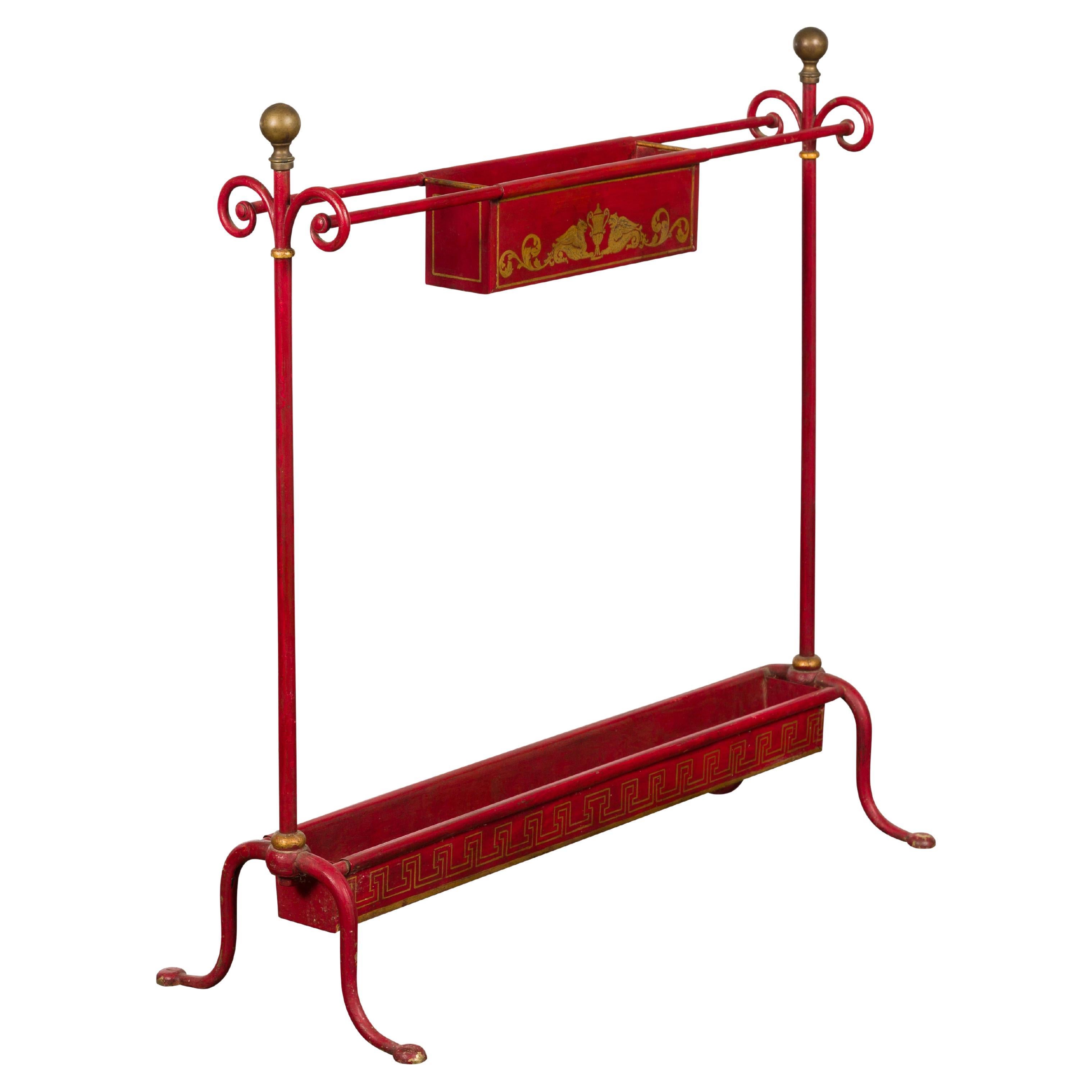 English 1900s Red Painted Tôle Umbrella Stand with Greek Key