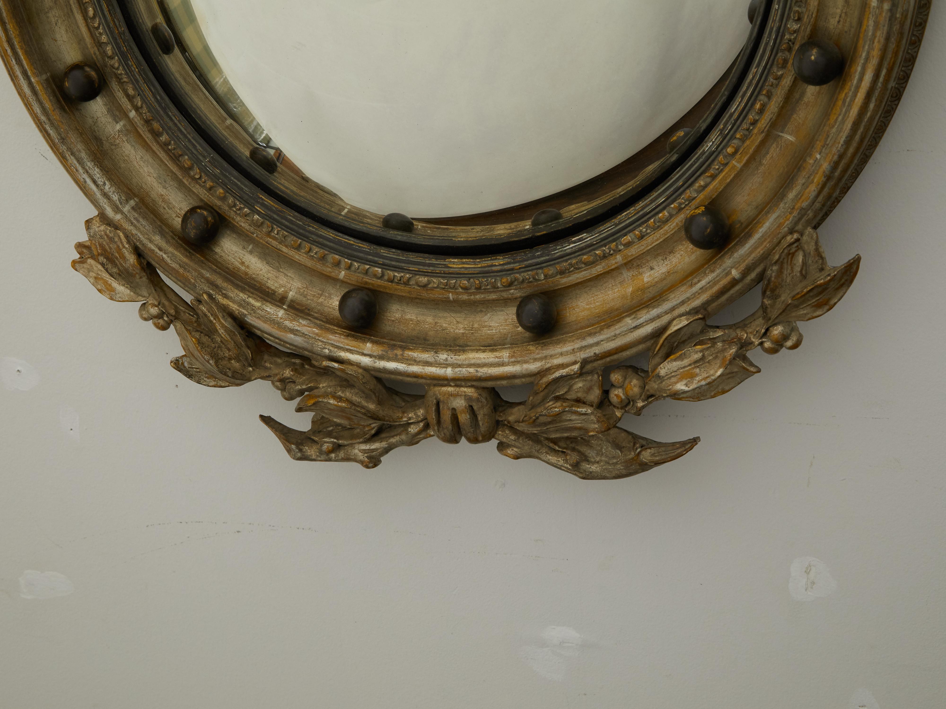 Carved English 1900s Silver Gilt Convex Girandole Bullseye Mirror with Eagle Motif For Sale