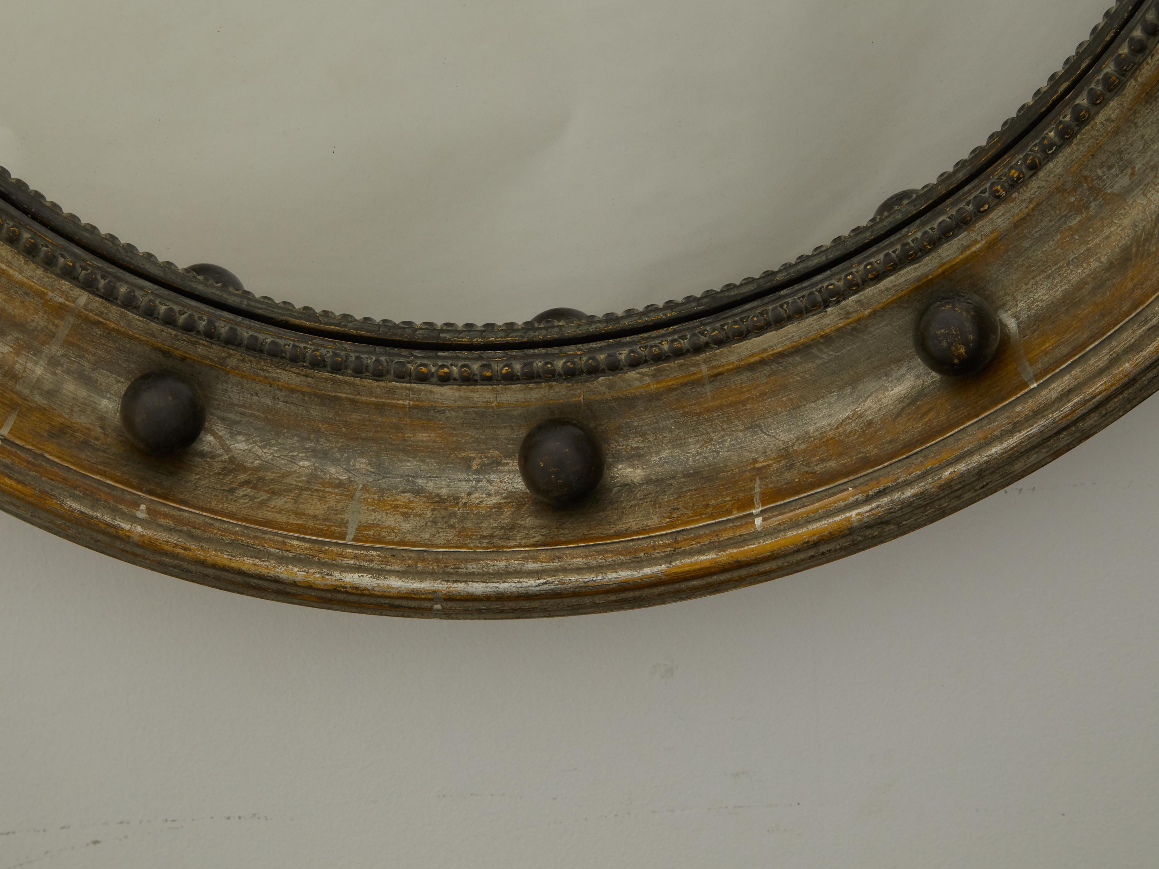 20th Century English 1900s Silver Leaf Beaded Convex Bullseye Mirror with Ebonized Accents For Sale
