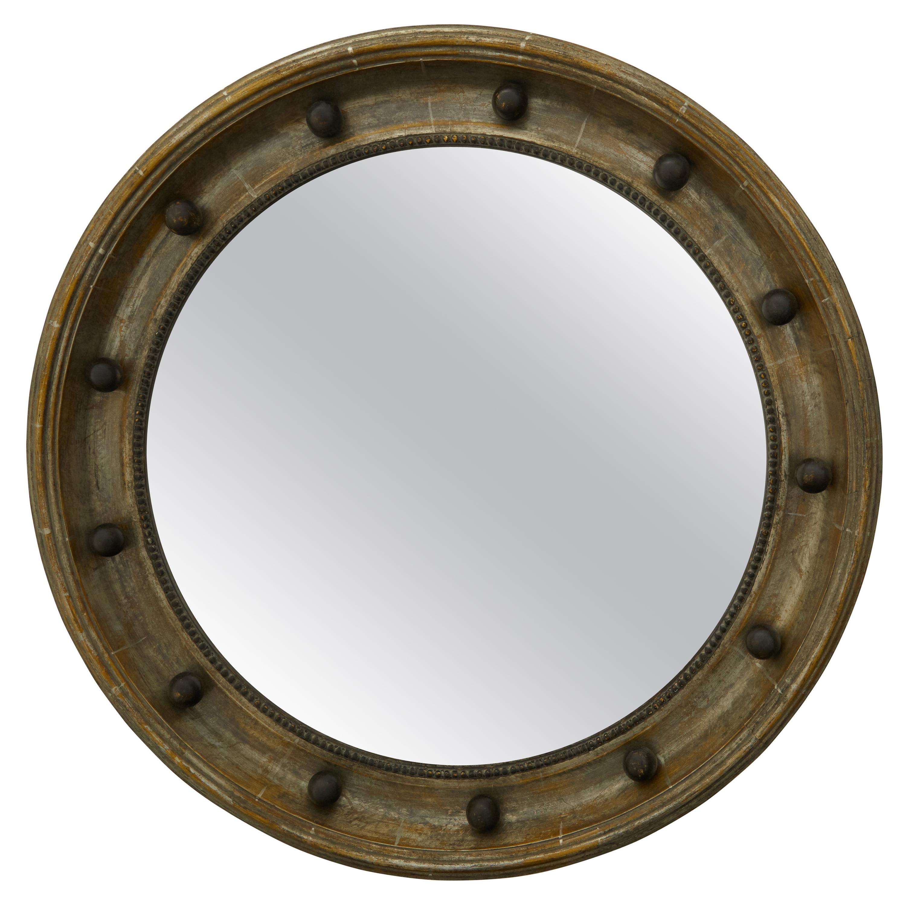 English 1900s Silver Leaf Beaded Convex Bullseye Mirror with Ebonized Accents