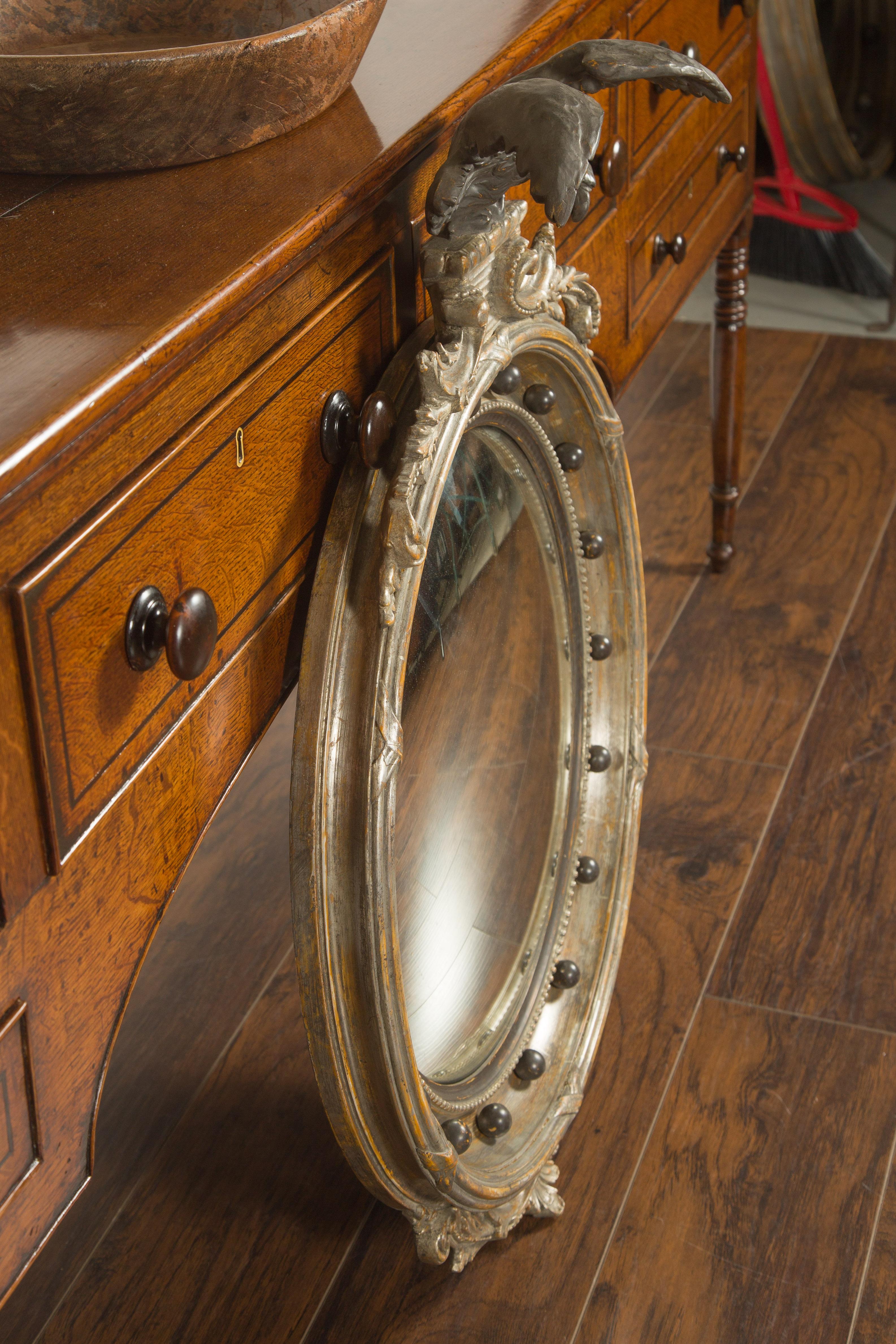 English 1900s Silver Leaf Convex Girandole Bullseye Mirror with Eagle Motif For Sale 6