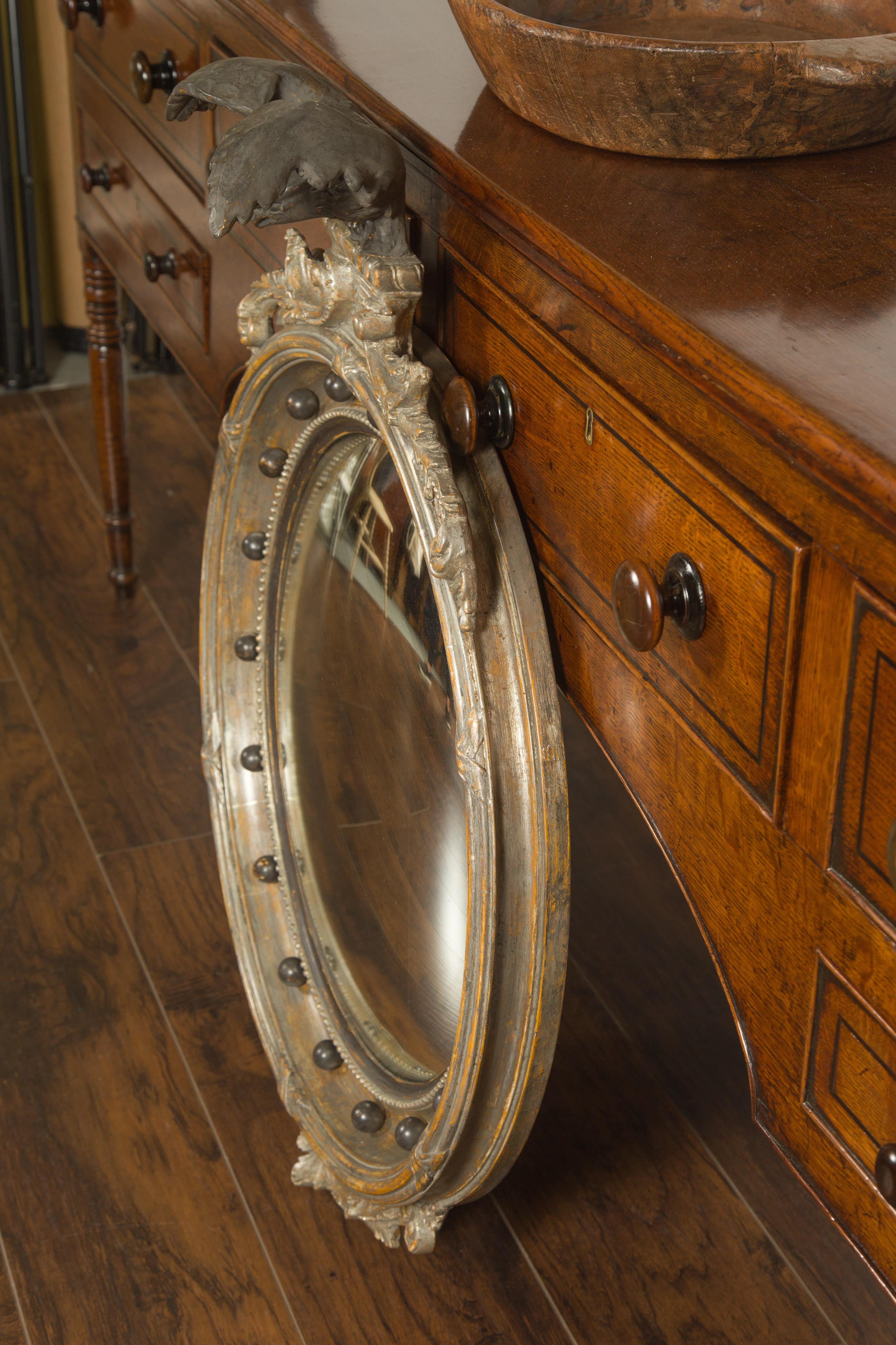 English 1900s Silver Leaf Convex Girandole Bullseye Mirror with Eagle Motif For Sale 7