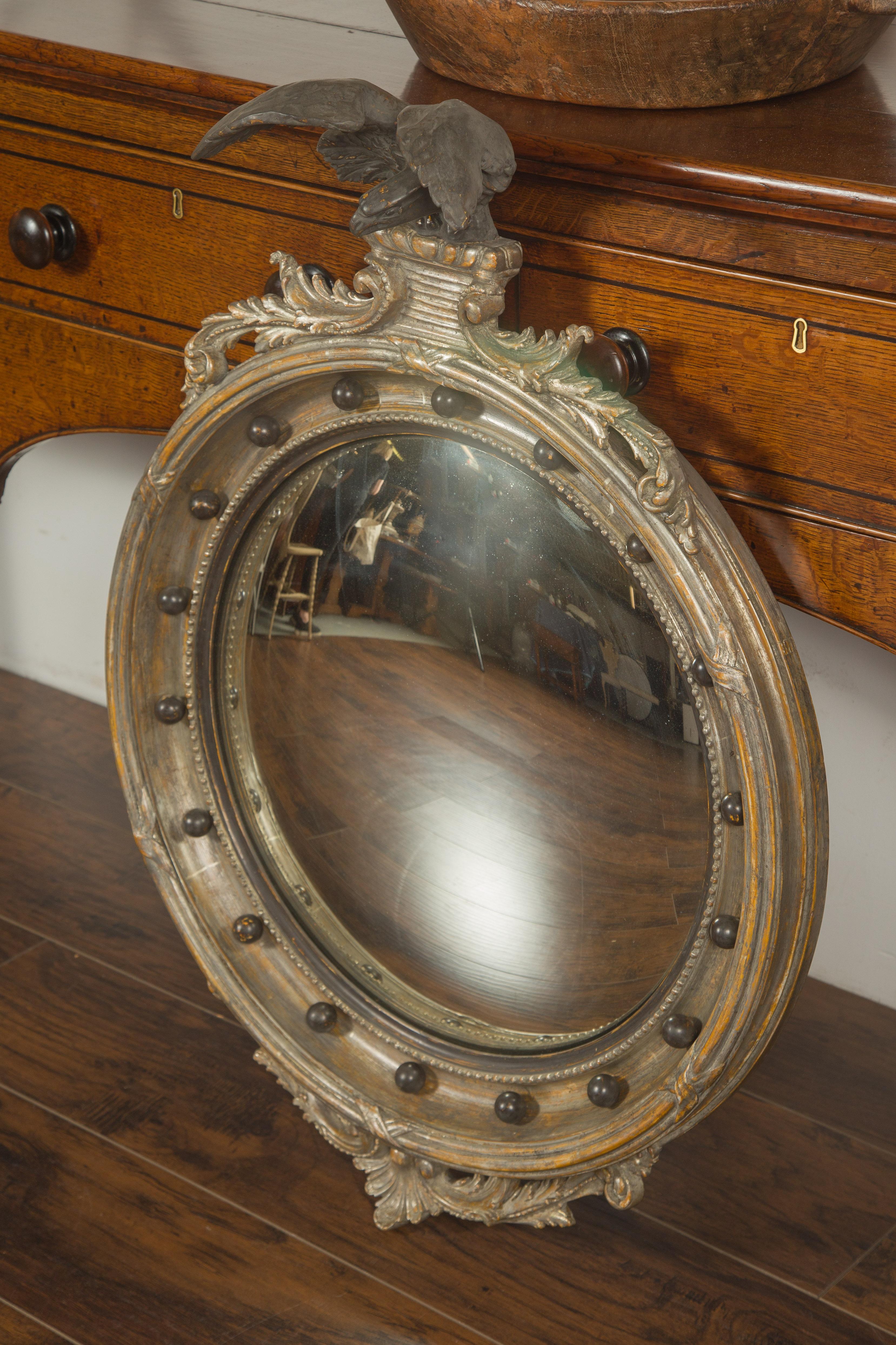 20th Century English 1900s Silver Leaf Convex Girandole Bullseye Mirror with Eagle Motif For Sale