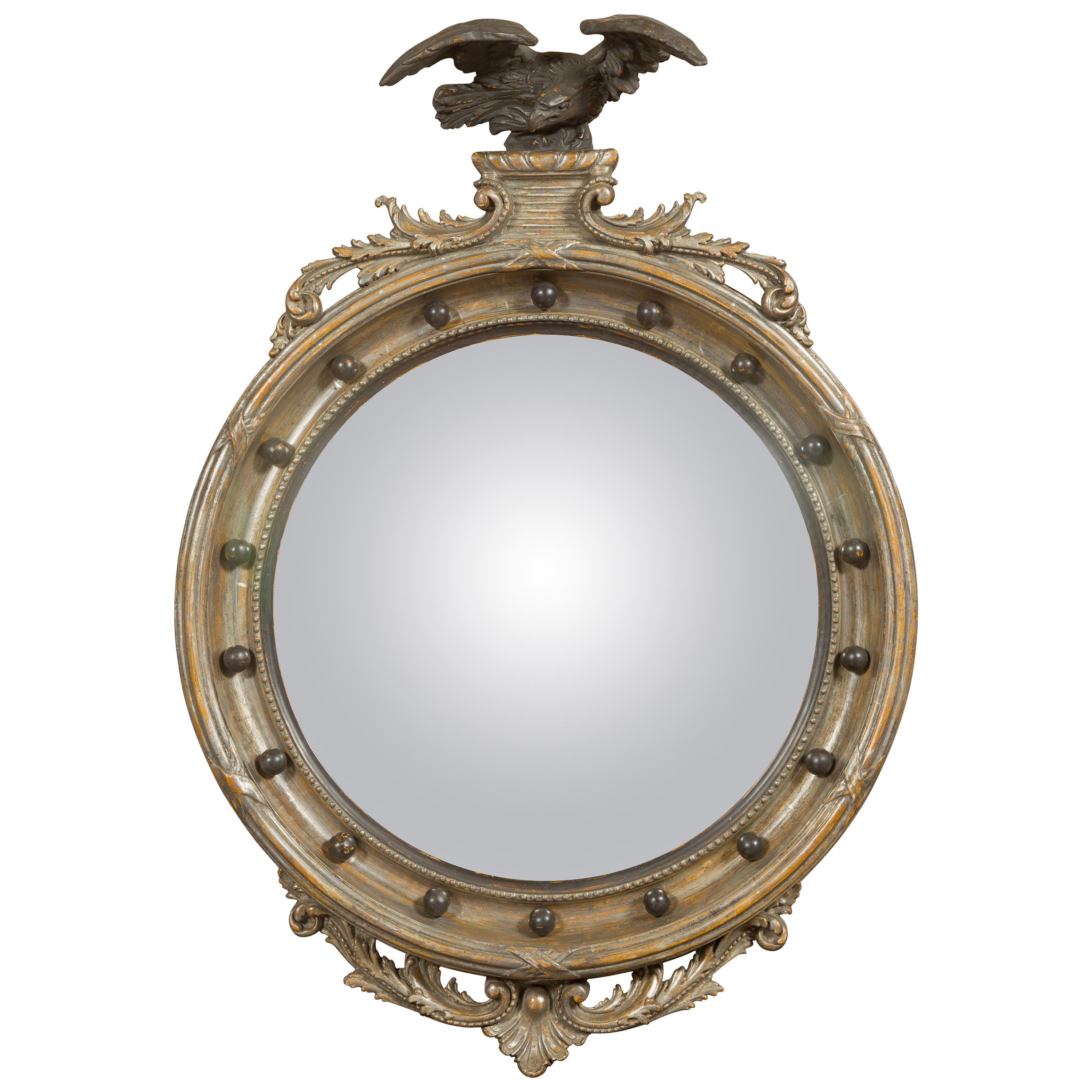 English 1900s Silver Leaf Convex Girandole Bullseye Mirror with Eagle Motif