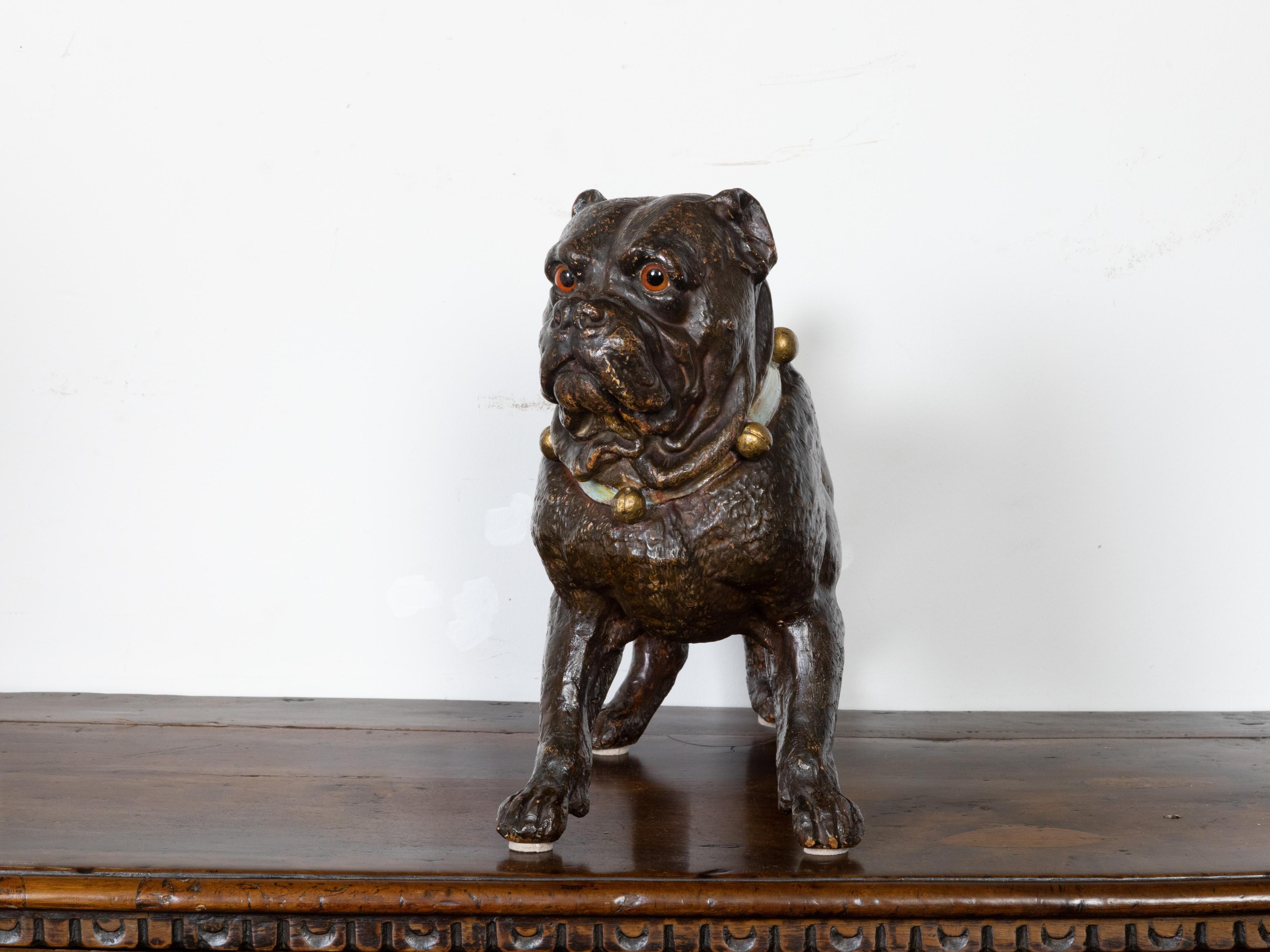 20th Century English 1900s Standing Terracotta Pug Sculpture with Glass Eyes and Collar For Sale