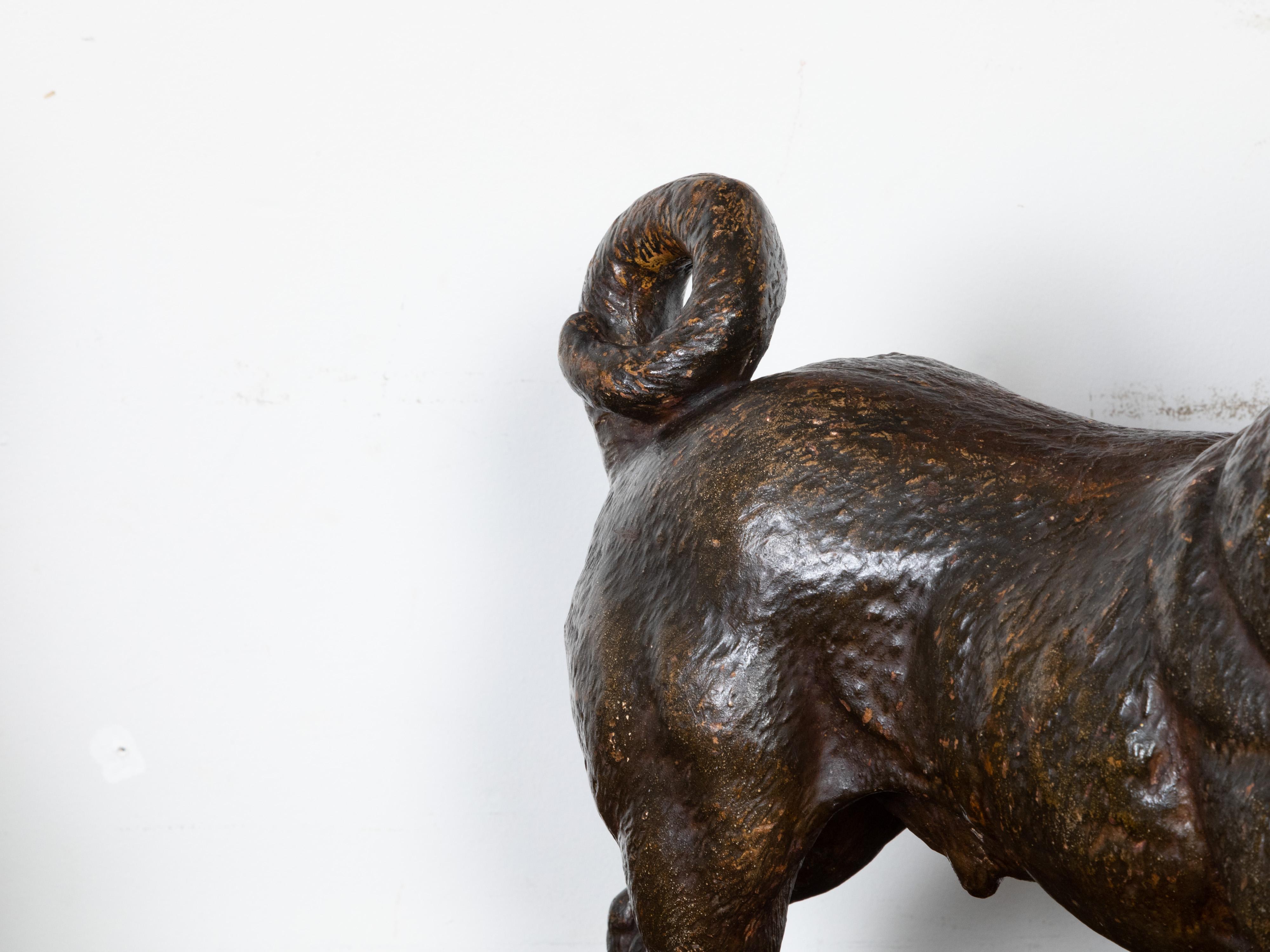 English 1900s Standing Terracotta Pug Sculpture with Glass Eyes and Collar For Sale 1