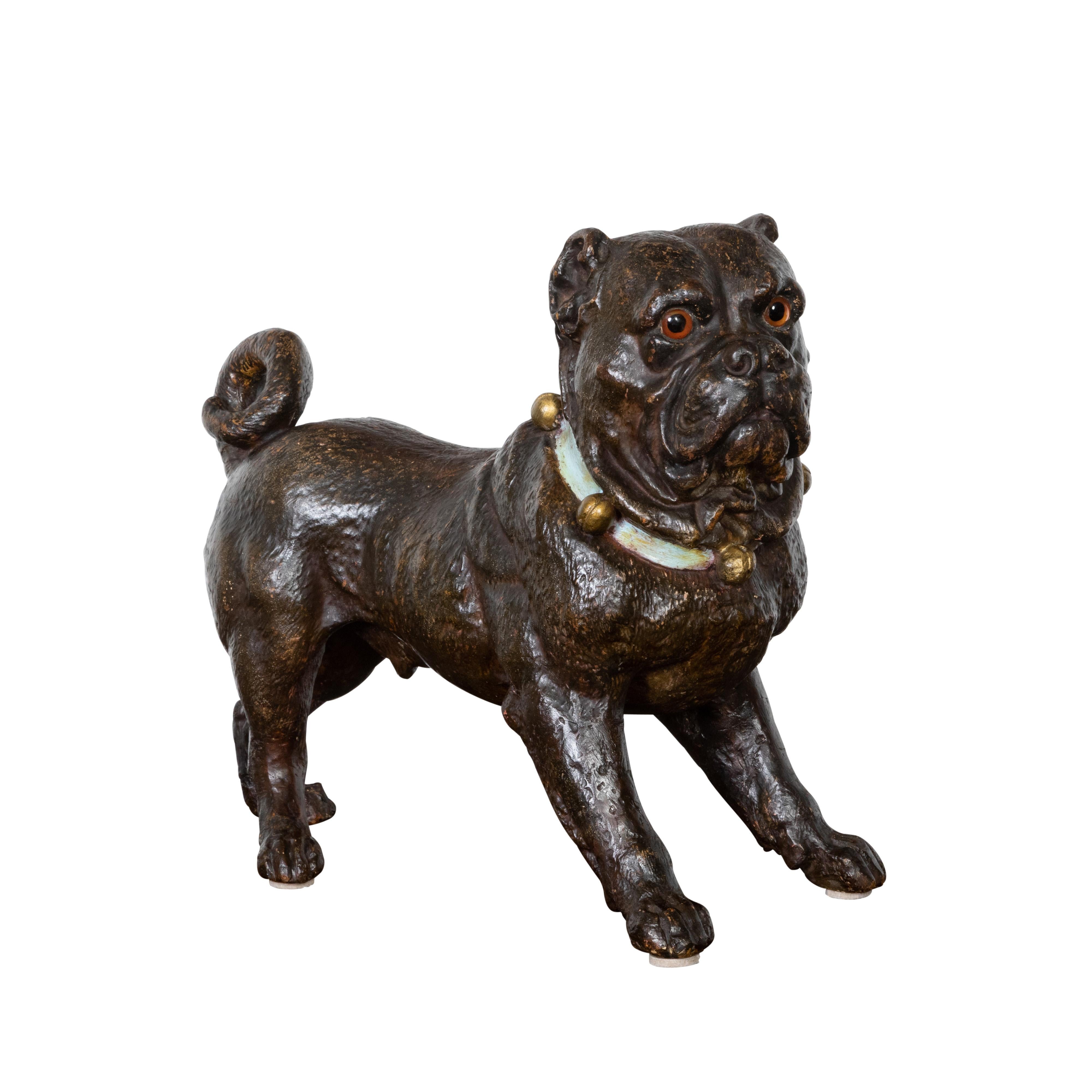 English 1900s Standing Terracotta Pug Sculpture with Glass Eyes and Collar For Sale