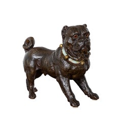 Antique English 1900s Standing Terracotta Pug Sculpture with Glass Eyes and Collar