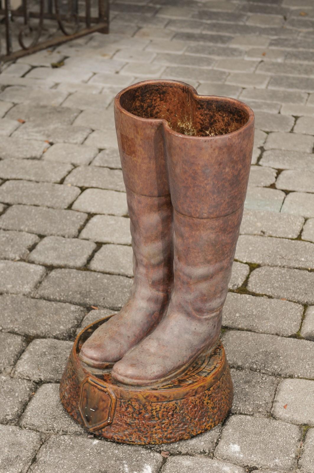 Terracotta Umbrella Stand Depicting a Pair of Brown Riding Boots on Base 3