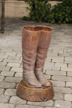 Terracotta Umbrella Stand Depicting a Pair of Brown Riding Boots on Base