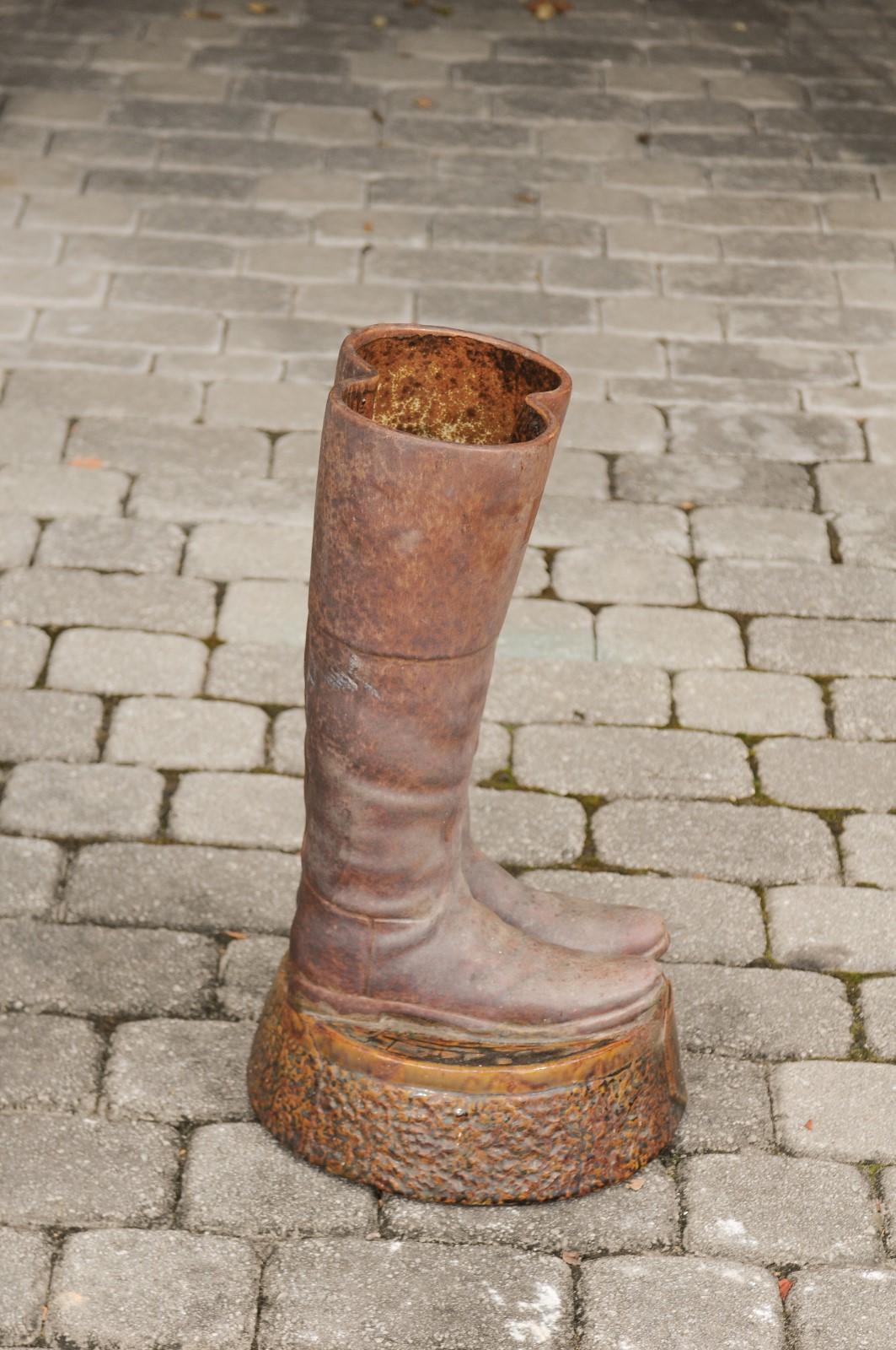 Terracotta Umbrella Stand Depicting a Pair of Brown Riding Boots on Base In Good Condition In Atlanta, GA