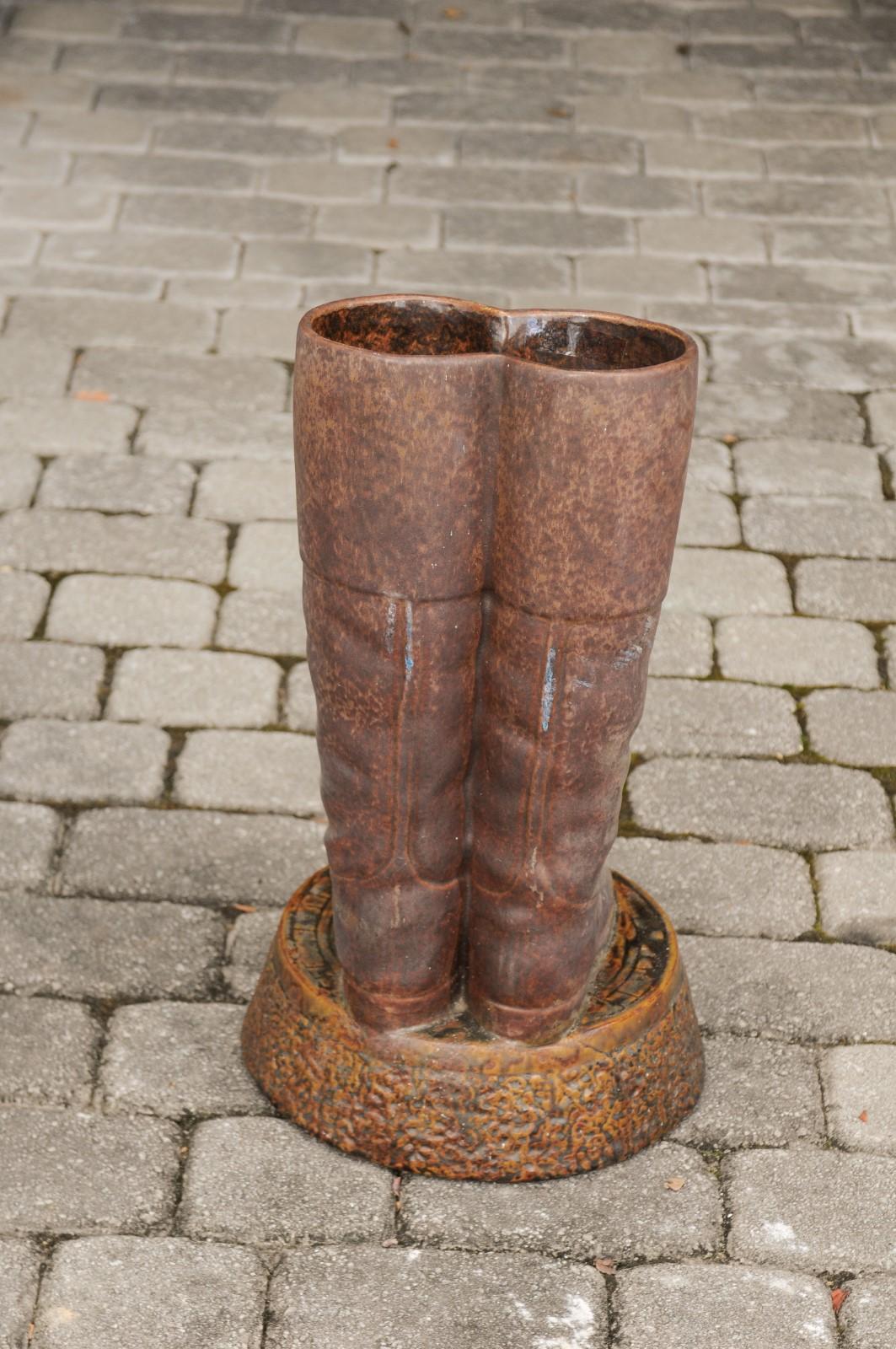 Contemporary Terracotta Umbrella Stand Depicting a Pair of Brown Riding Boots on Base