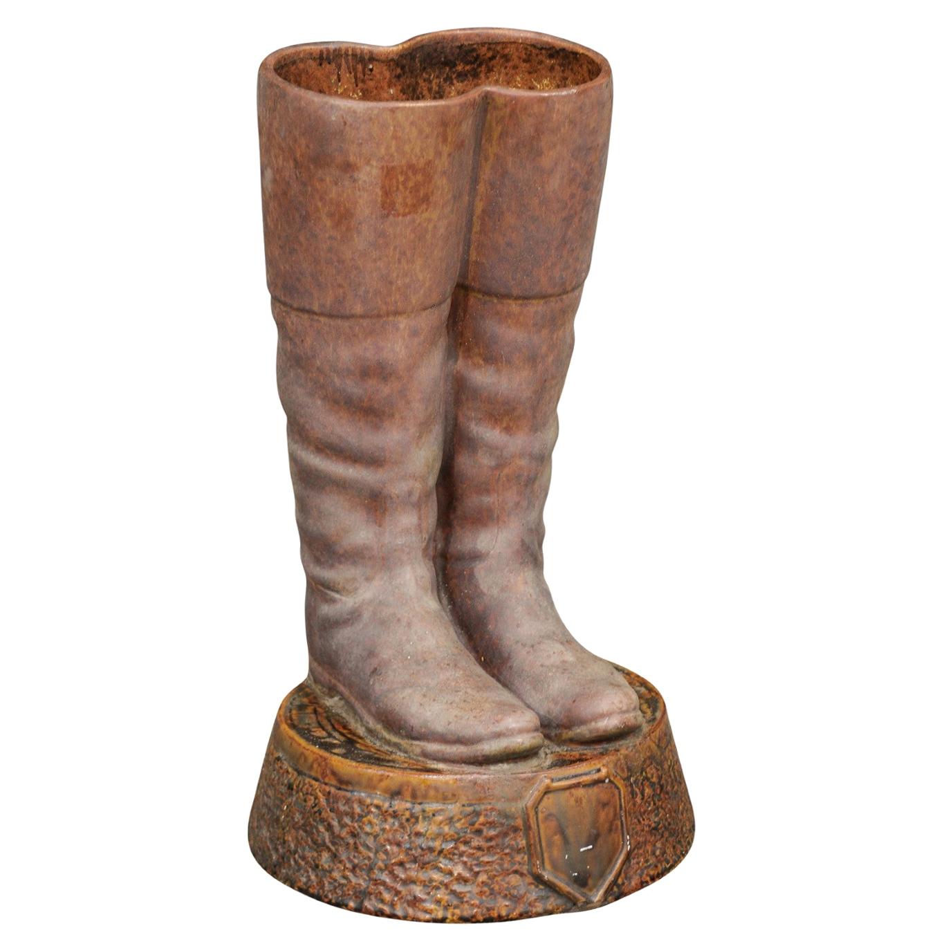 Terracotta Umbrella Stand Depicting a Pair of Brown Riding Boots on Base