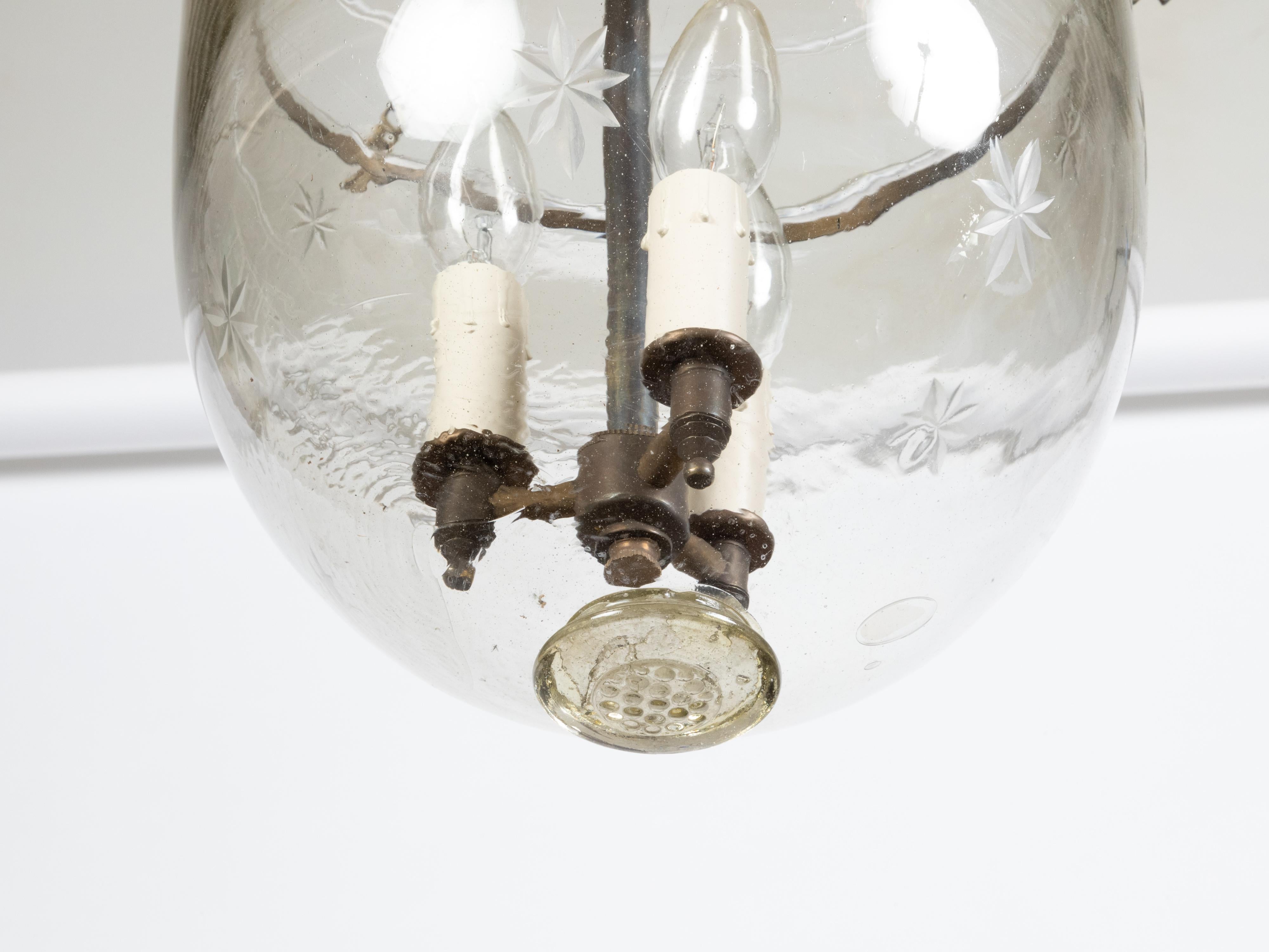 English 1900s Turn of the Century Bell Jar Light Fixture with Etched Stars For Sale 4