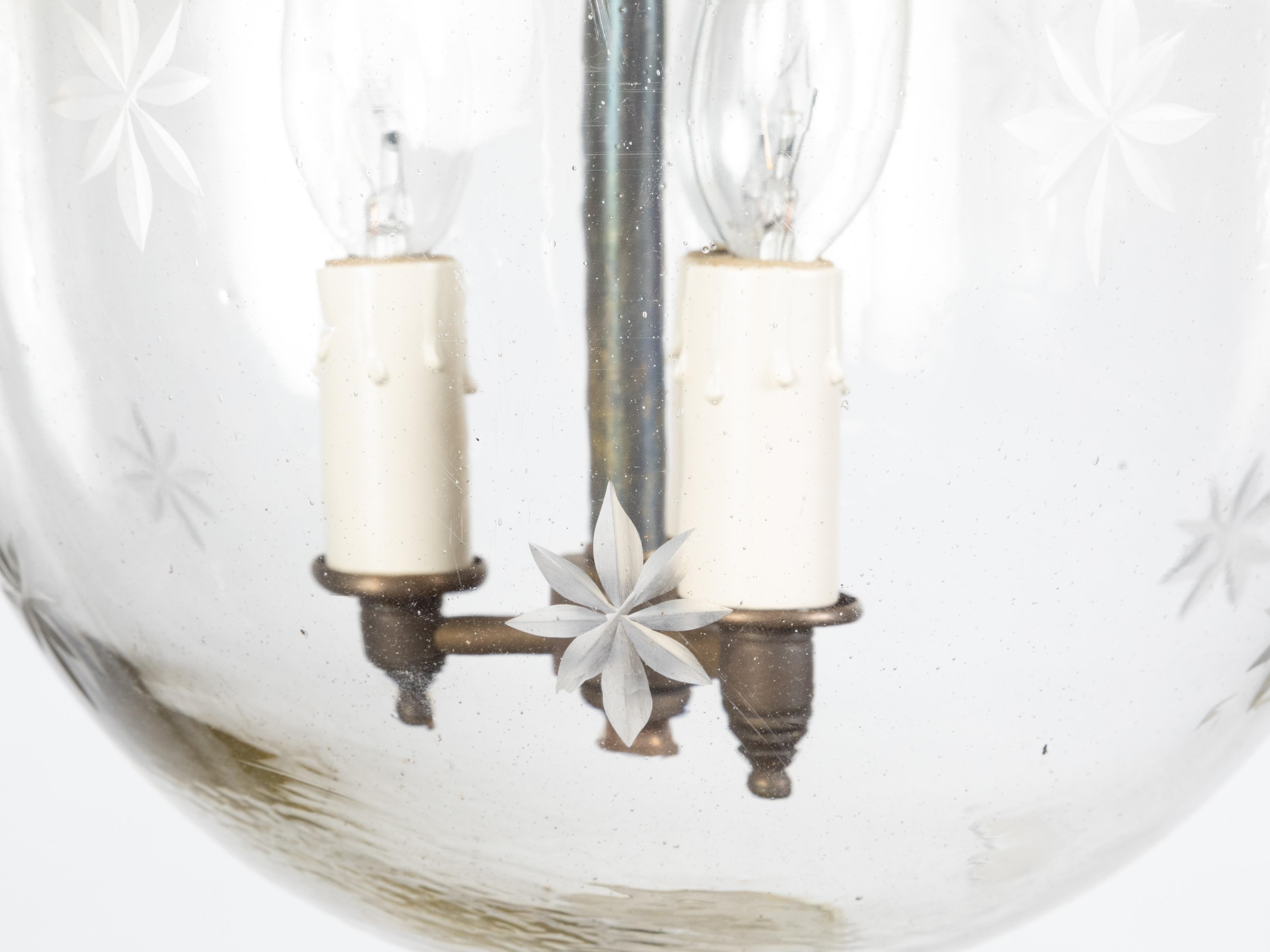 English 1900s Turn of the Century Bell Jar Light Fixture with Etched Stars For Sale 5