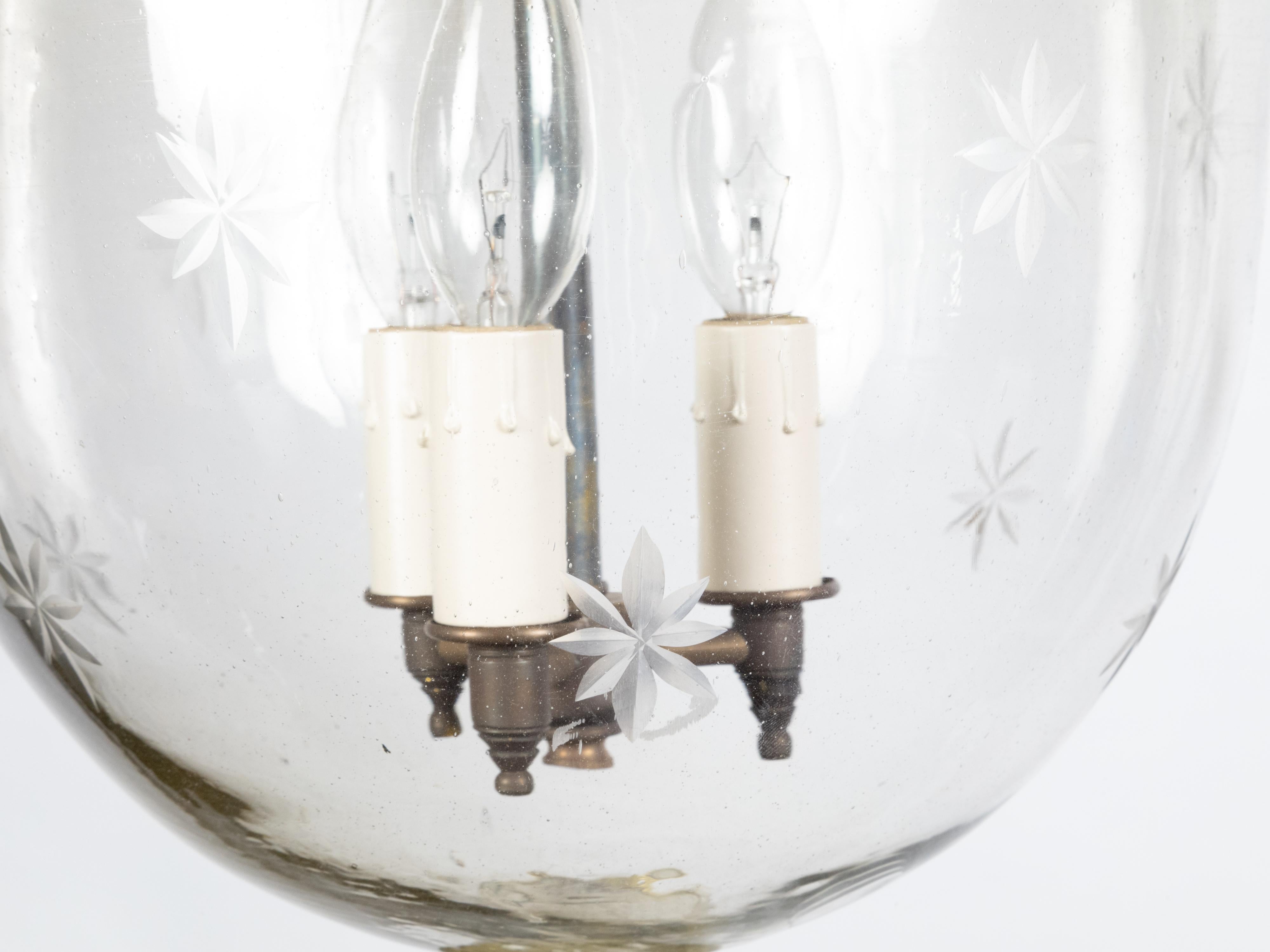 Glass English 1900s Turn of the Century Bell Jar Light Fixture with Etched Stars For Sale