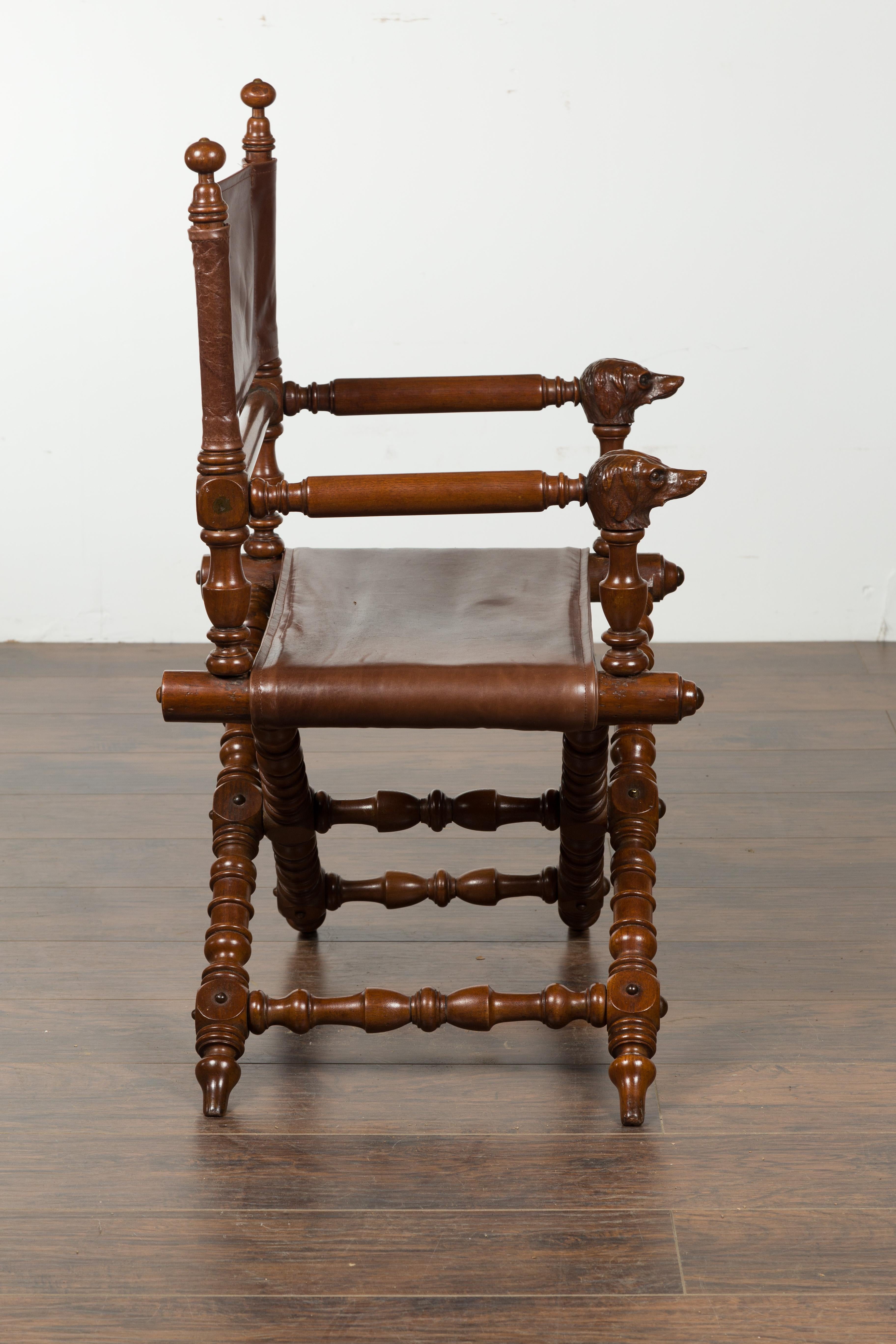 English 1900s Walnut Chair with Carved Dog Heads, Leather Seat and Turned Base For Sale 6