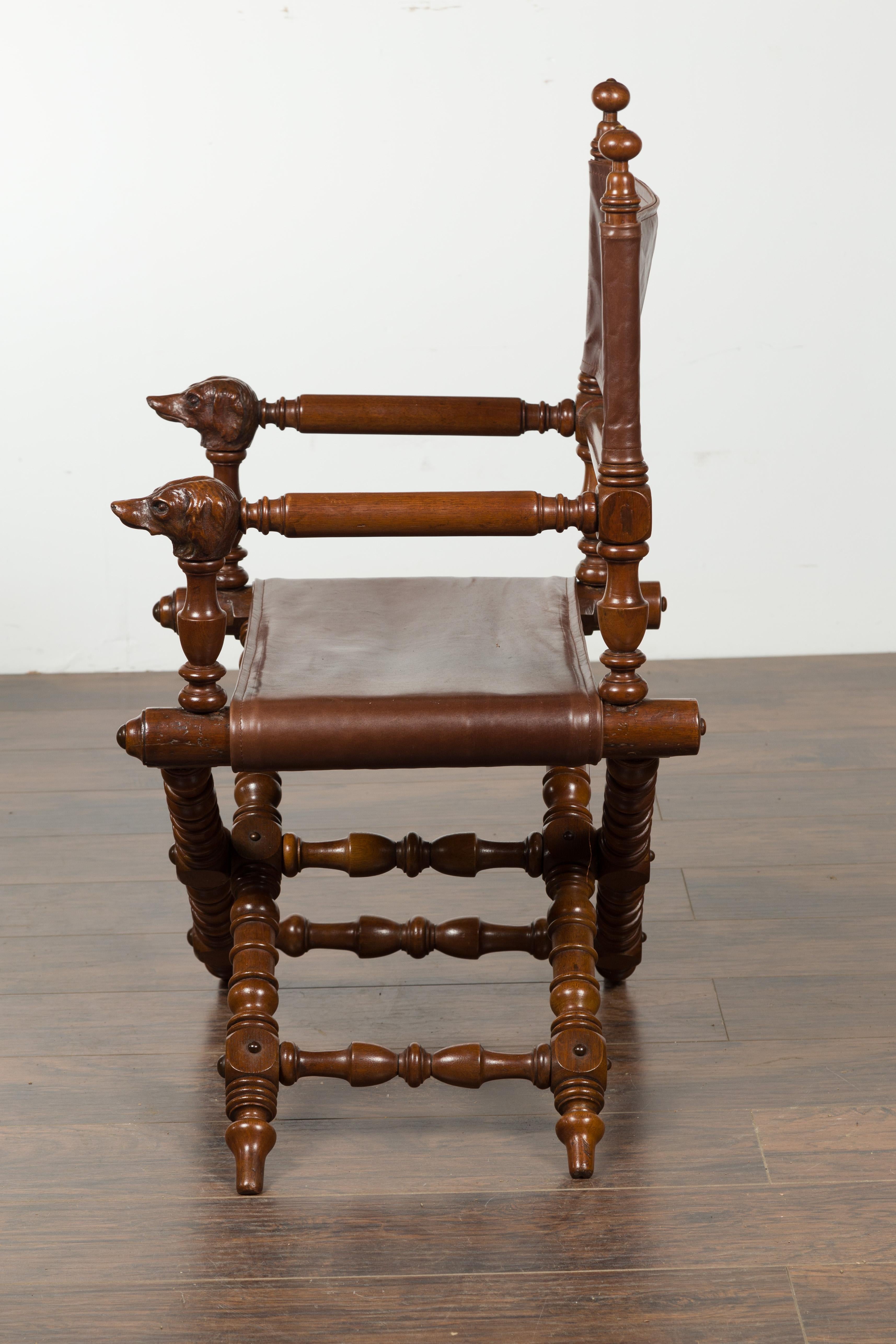 English 1900s Walnut Chair with Carved Dog Heads, Leather Seat and Turned Base For Sale 8