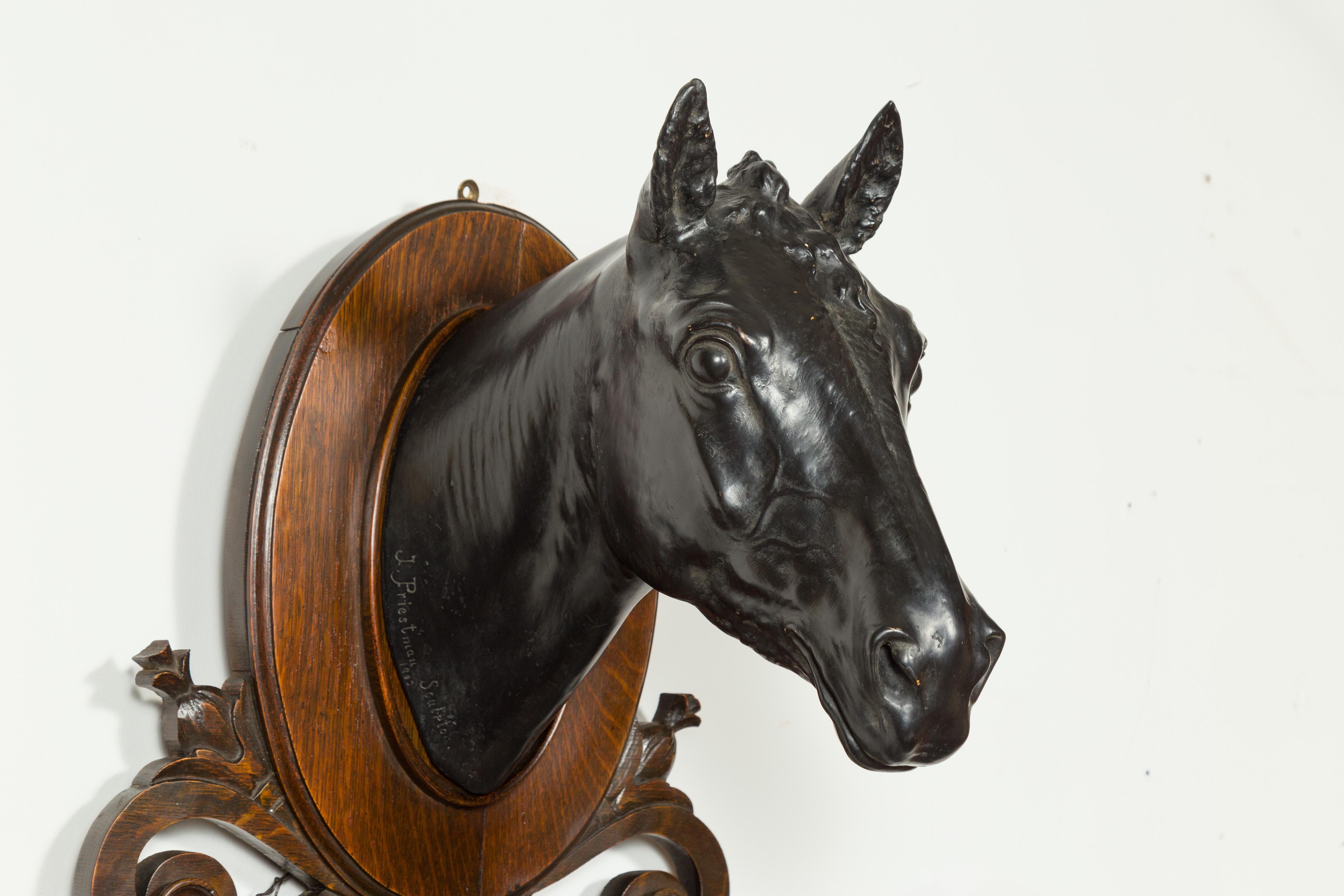 English 1903 Terracotta, Oak and Bronze Wall Hanging Horse Signed J. Priestman For Sale 2