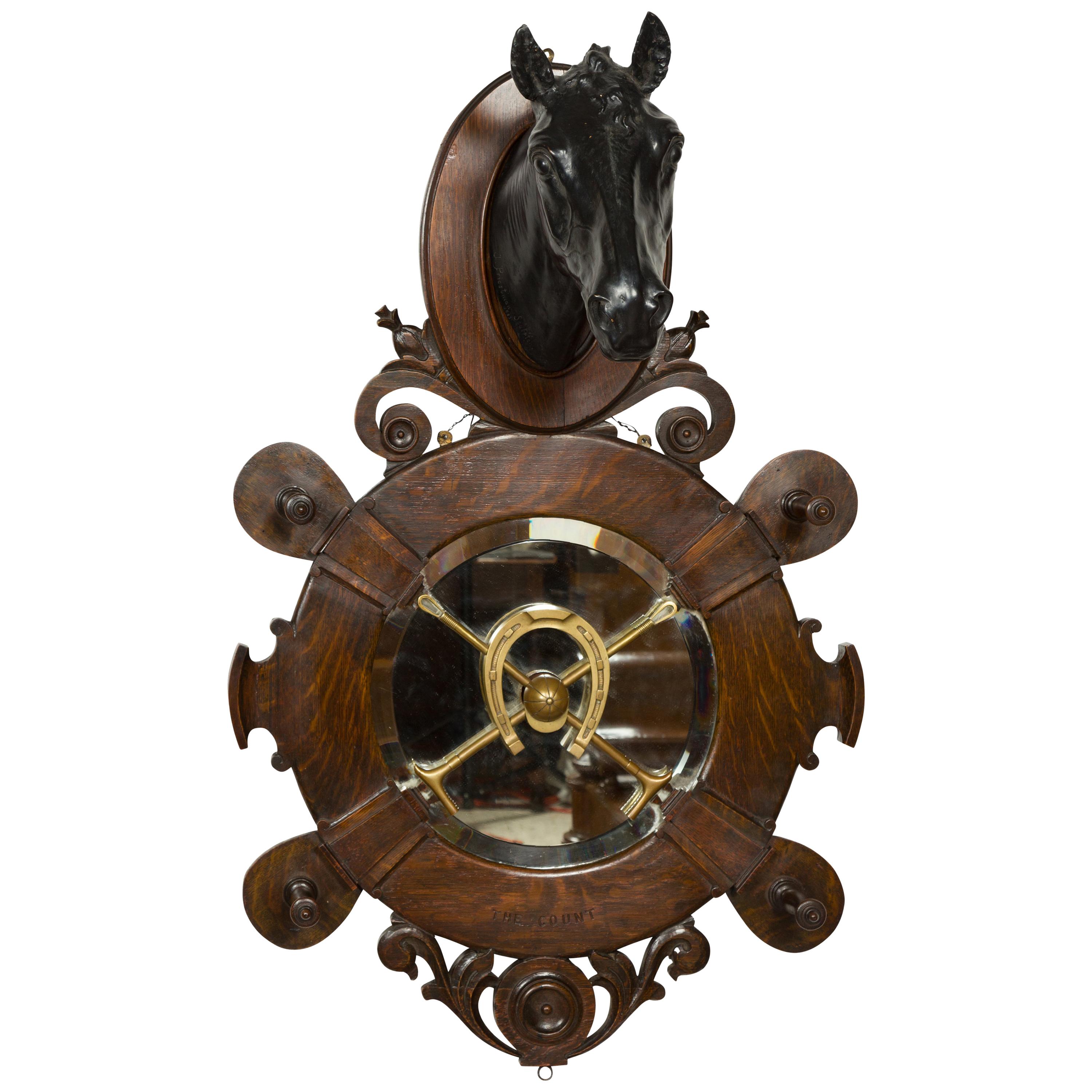 English 1903 Terracotta, Oak and Bronze Wall Hanging Horse Signed J. Priestman For Sale