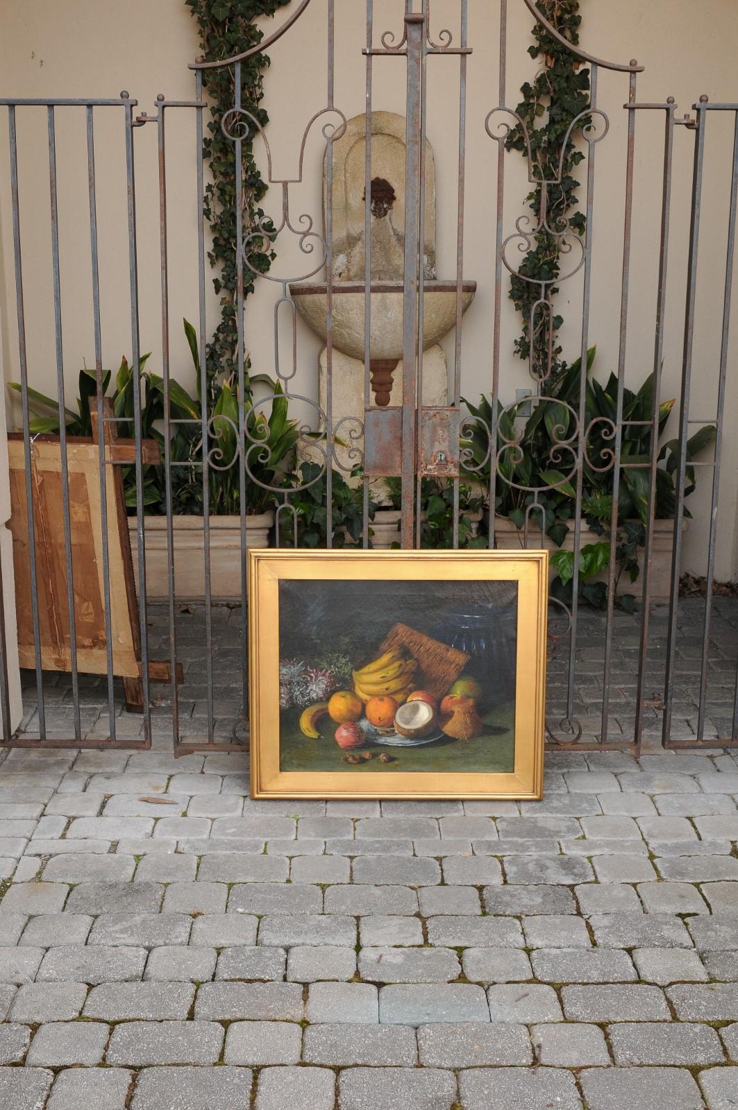 English 1908 Oil on Canvas Still-Life Painting Set Inside a Giltwood Frame In Good Condition For Sale In Atlanta, GA