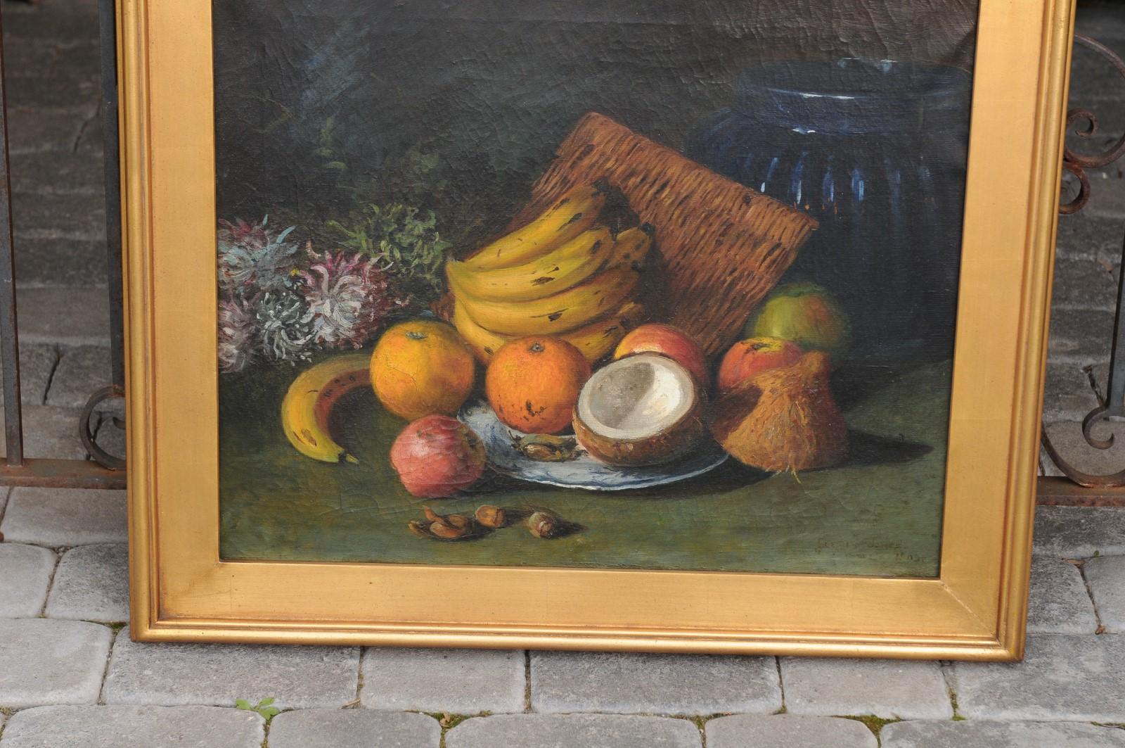 English 1908 Oil on Canvas Still-Life Painting Set Inside a Giltwood Frame For Sale 1